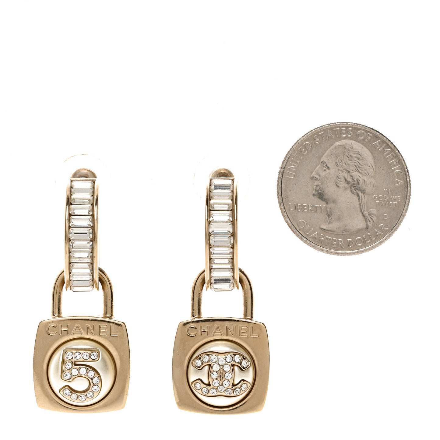 Pearl Crystal Baguette No 5 Lock Drop Earrings Gold Pearly White