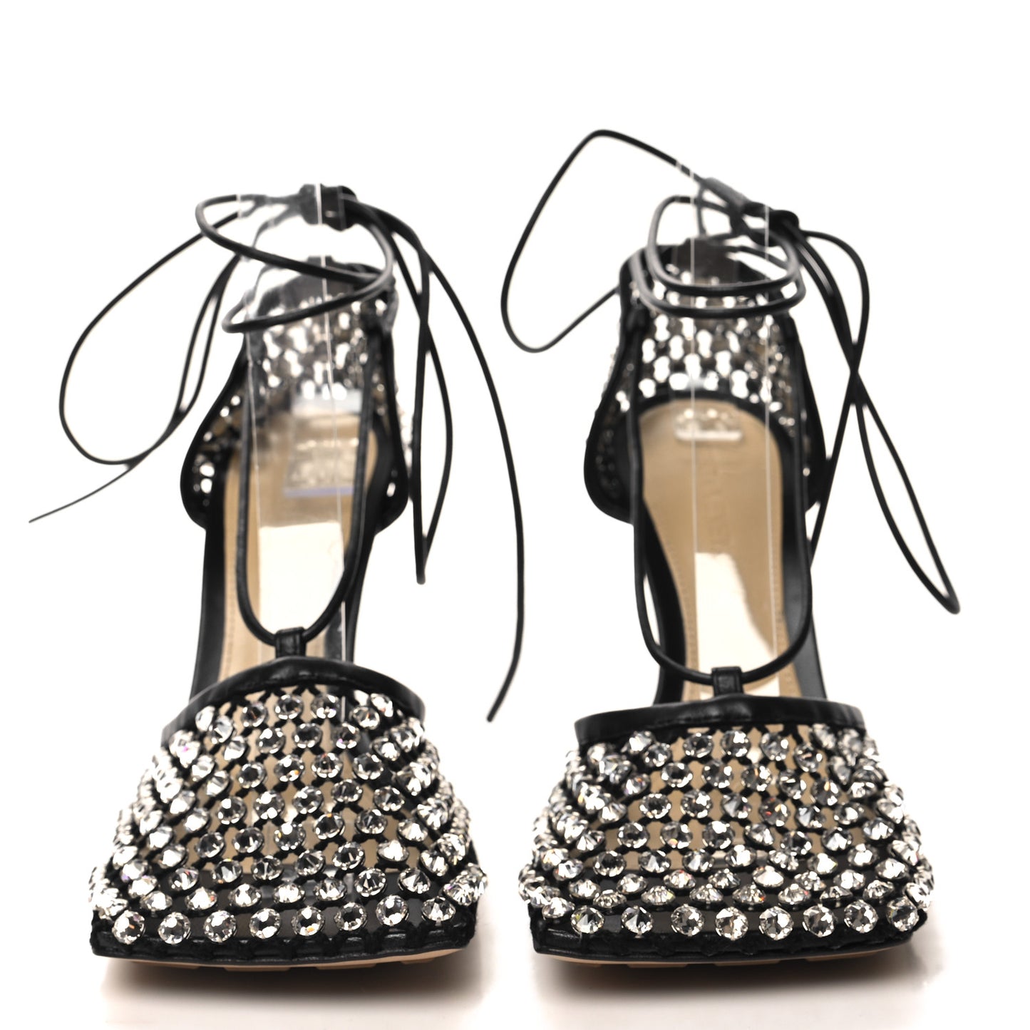Mesh Nappa Crystal Embellished Sparkle Stretch Ankle Tie Sandals 37 Black