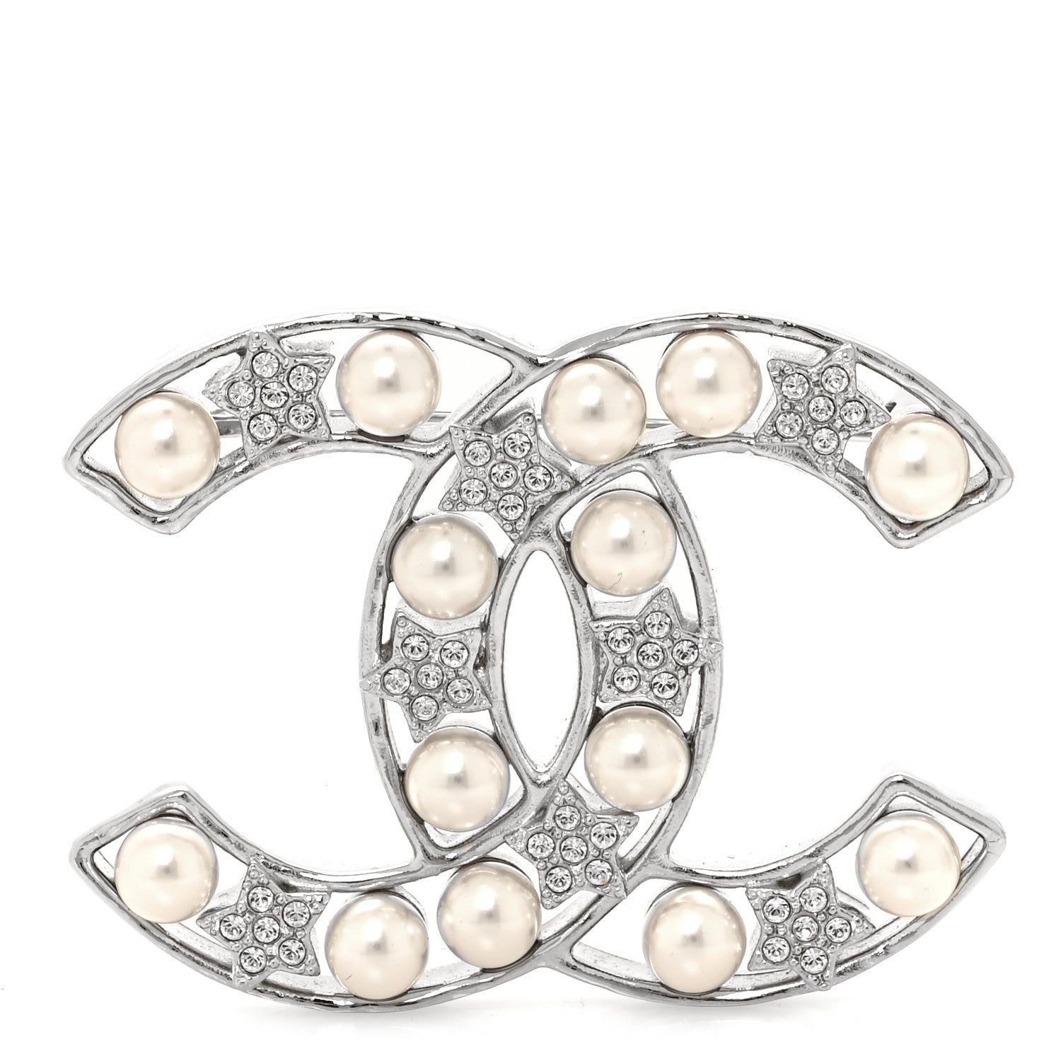 Chanel Pearl Crystal Star CC Brooch Silver 1 of 4