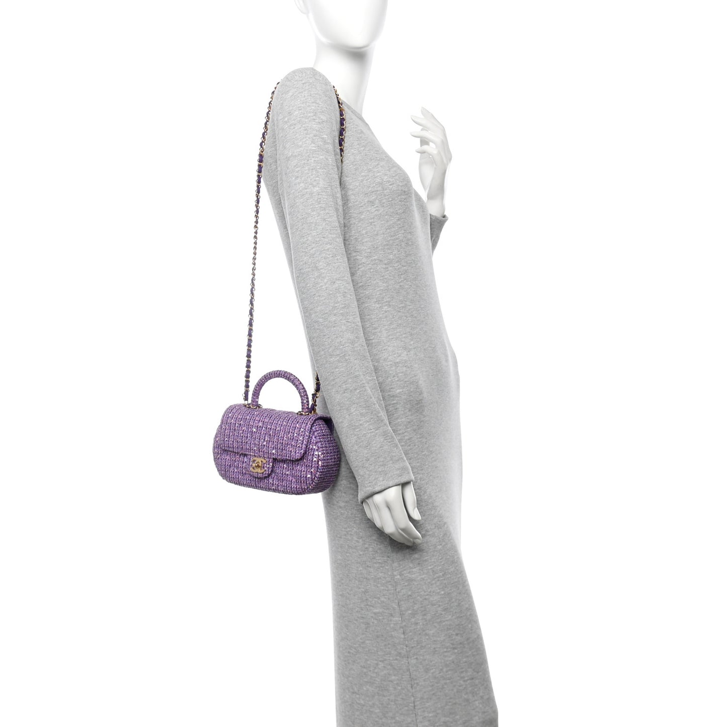 Tweed Sequin Quilted Baywatch Top Handle Flap Purple Silver Light Purple