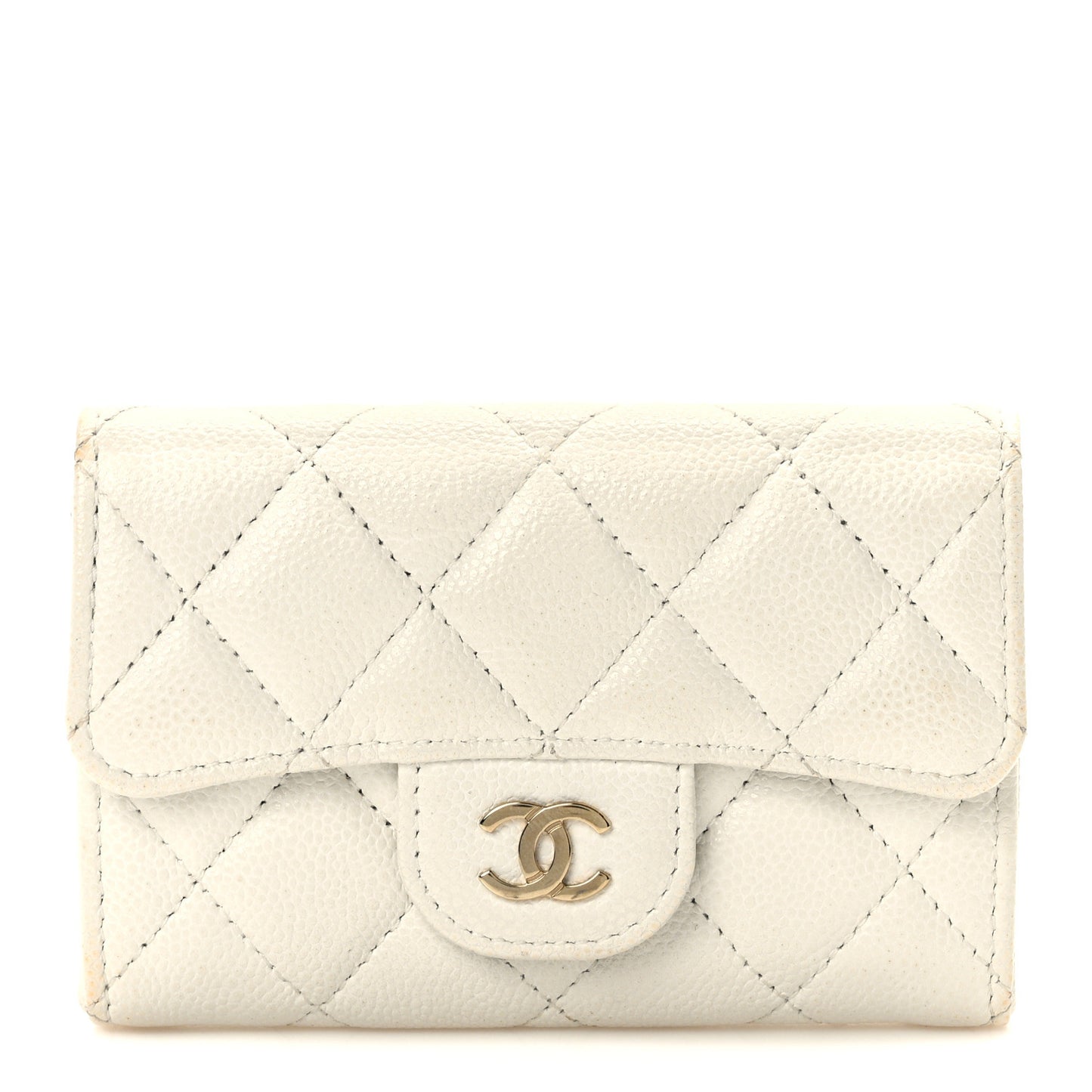 Caviar Quilted Flap Card Holder Wallet White