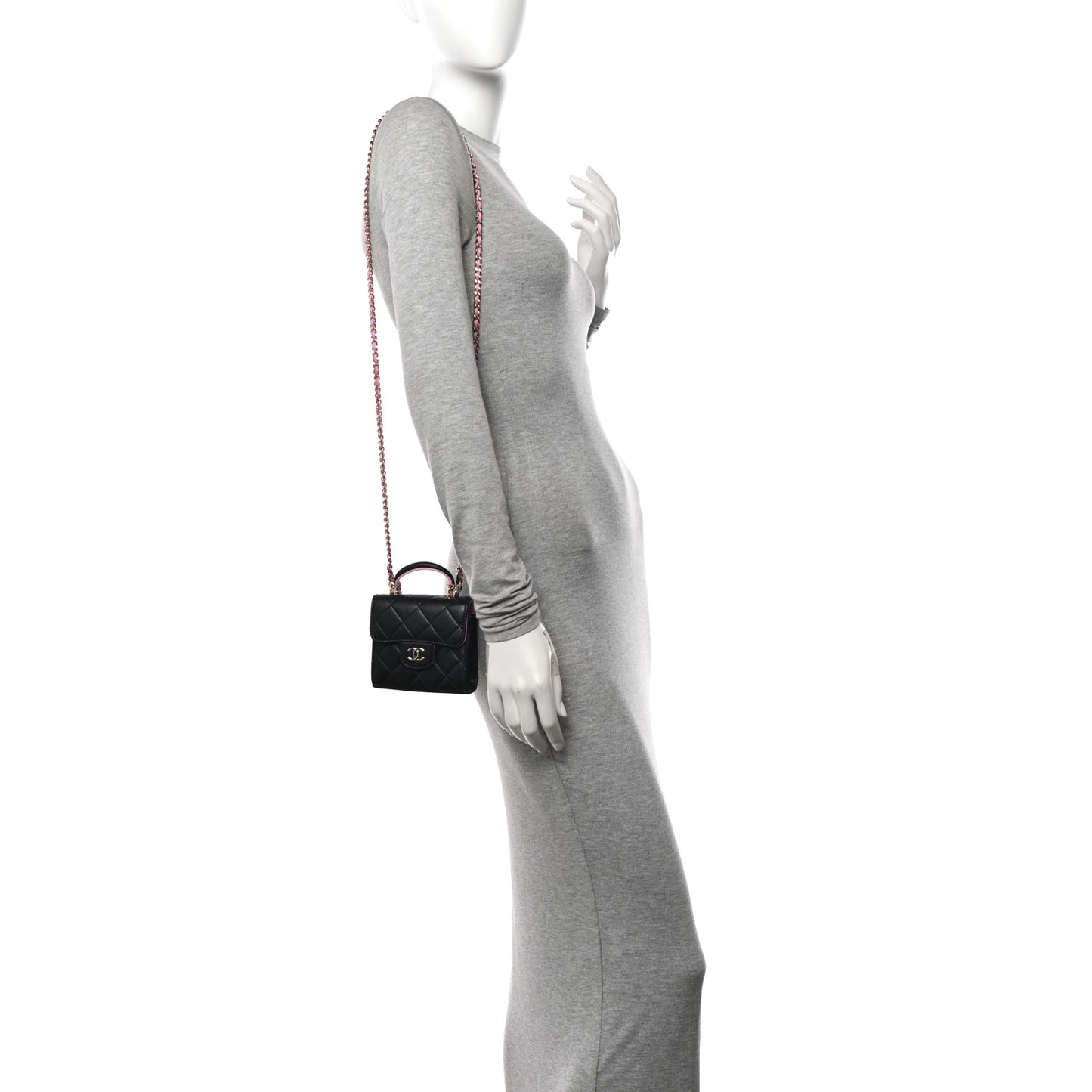 Lambskin Quilted Bi-Color Top Handle Clutch With Chain Black Pink