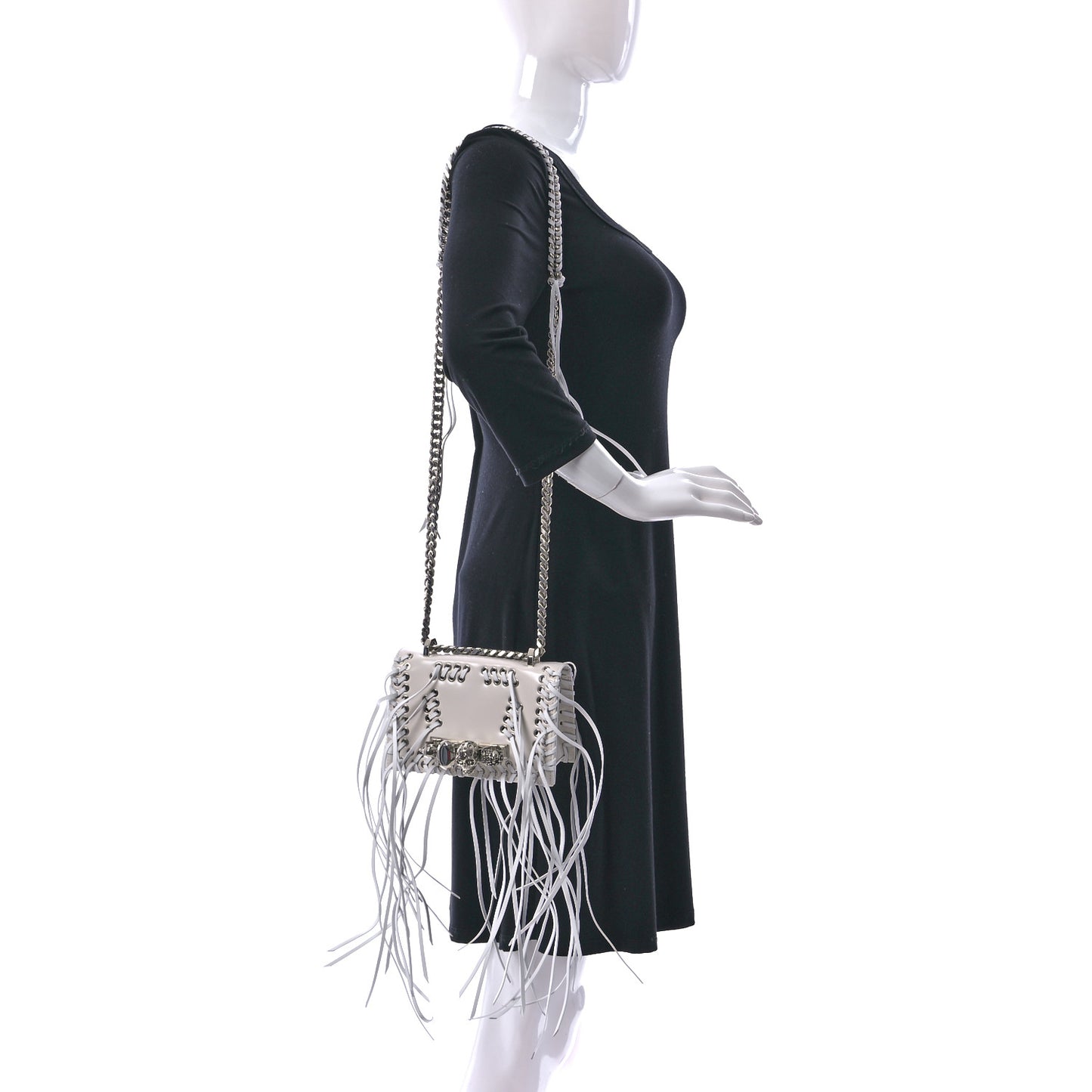 Calfskin Woven Fringe Mini Jeweled Satchel White