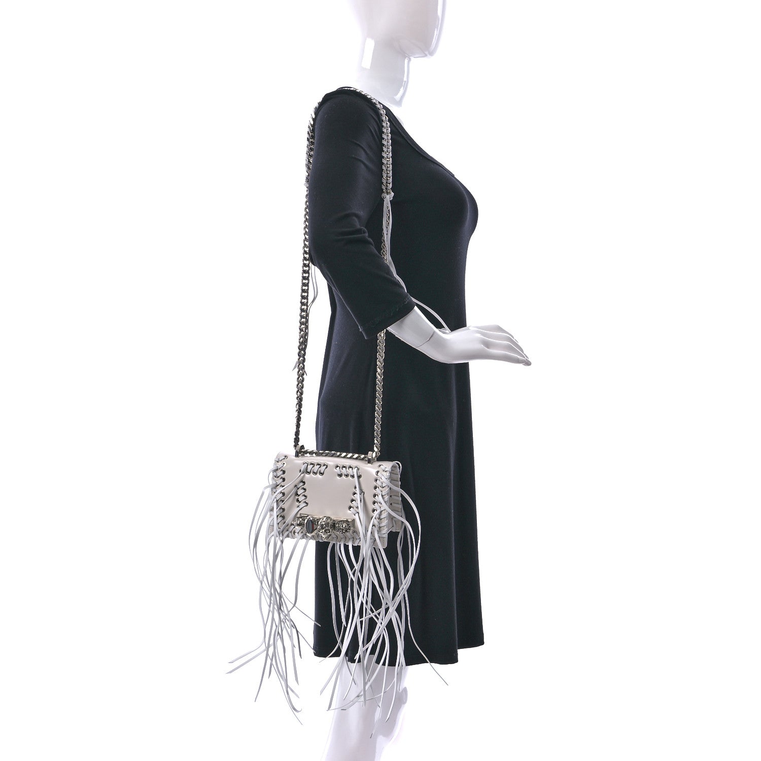 Alexander McQueen Calfskin Woven Fringe Mini Jeweled Satchel White 2 of 9