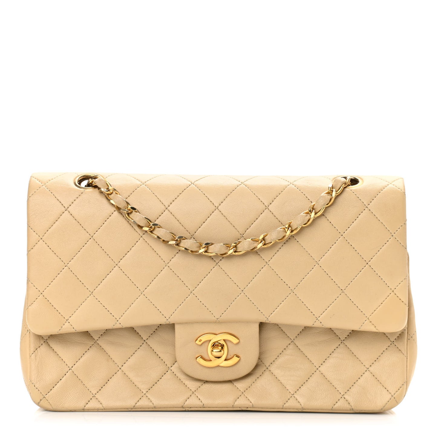 Lambskin Quilted Medium Double Flap Beige