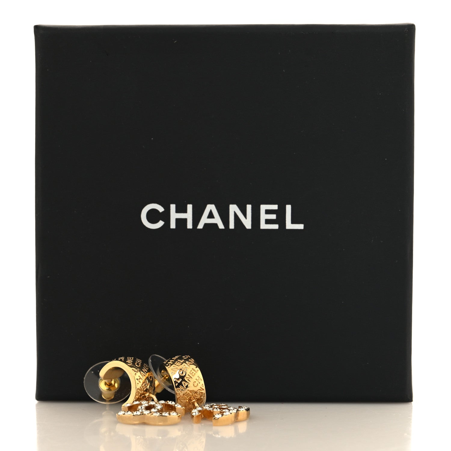 Chanel Metal Crystal CC Logo Hoop Drop Earrings Gold 5 of 5