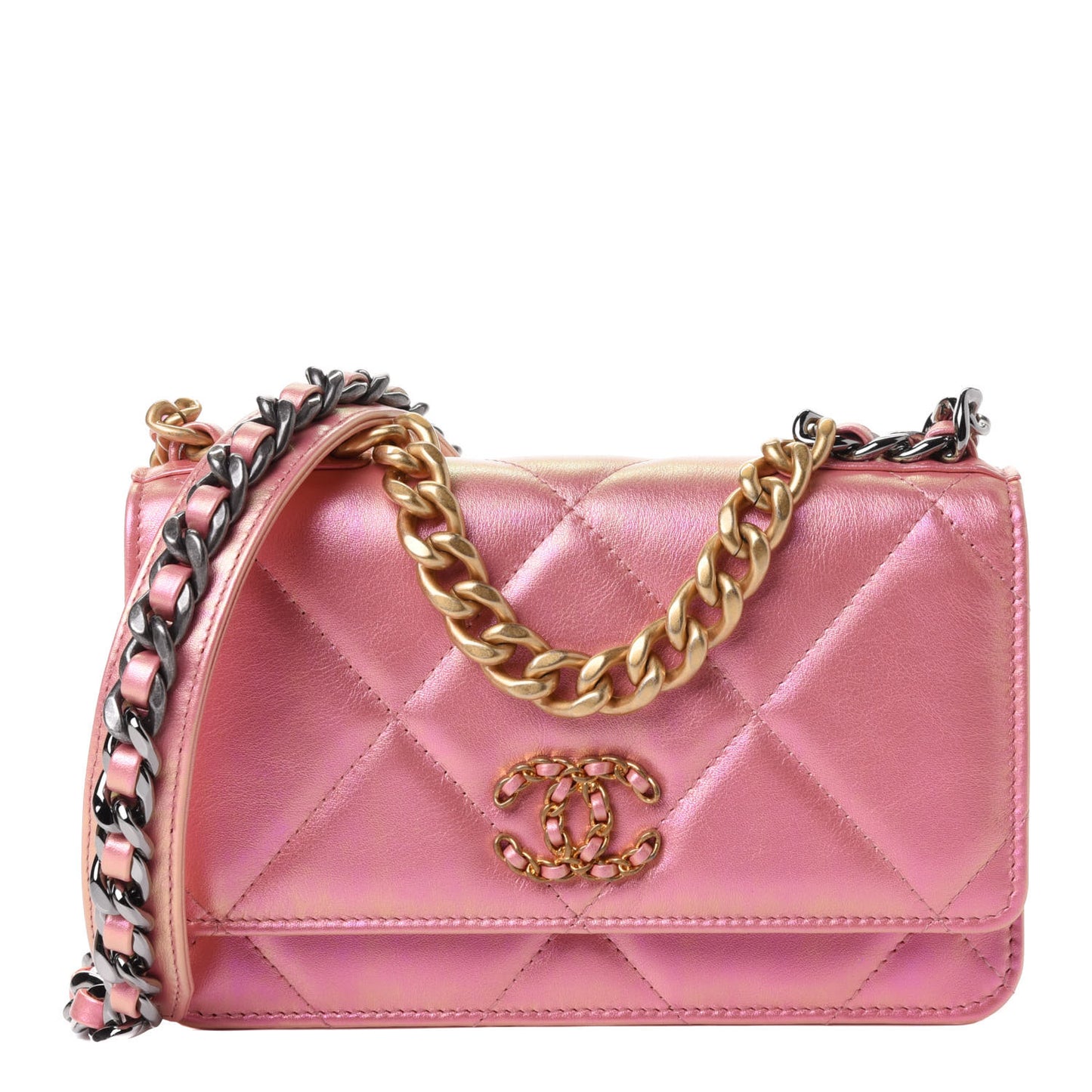 Iridescent Calfskin Quilted Chanel 19 Wallet On Chain WOC Pink