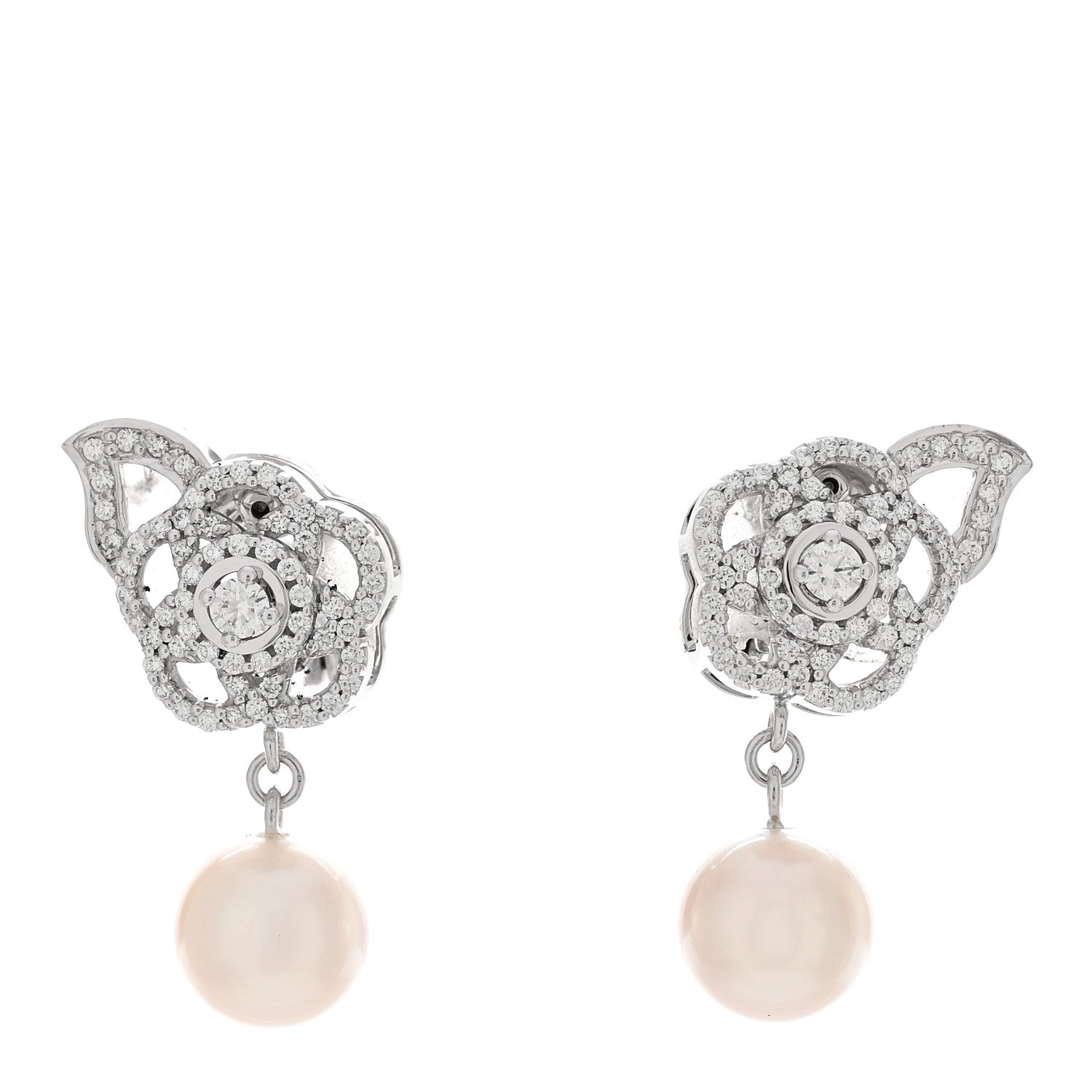 Chanel 18K White Gold Diamond Pearl Camelia Drop Earrings 1 of 4