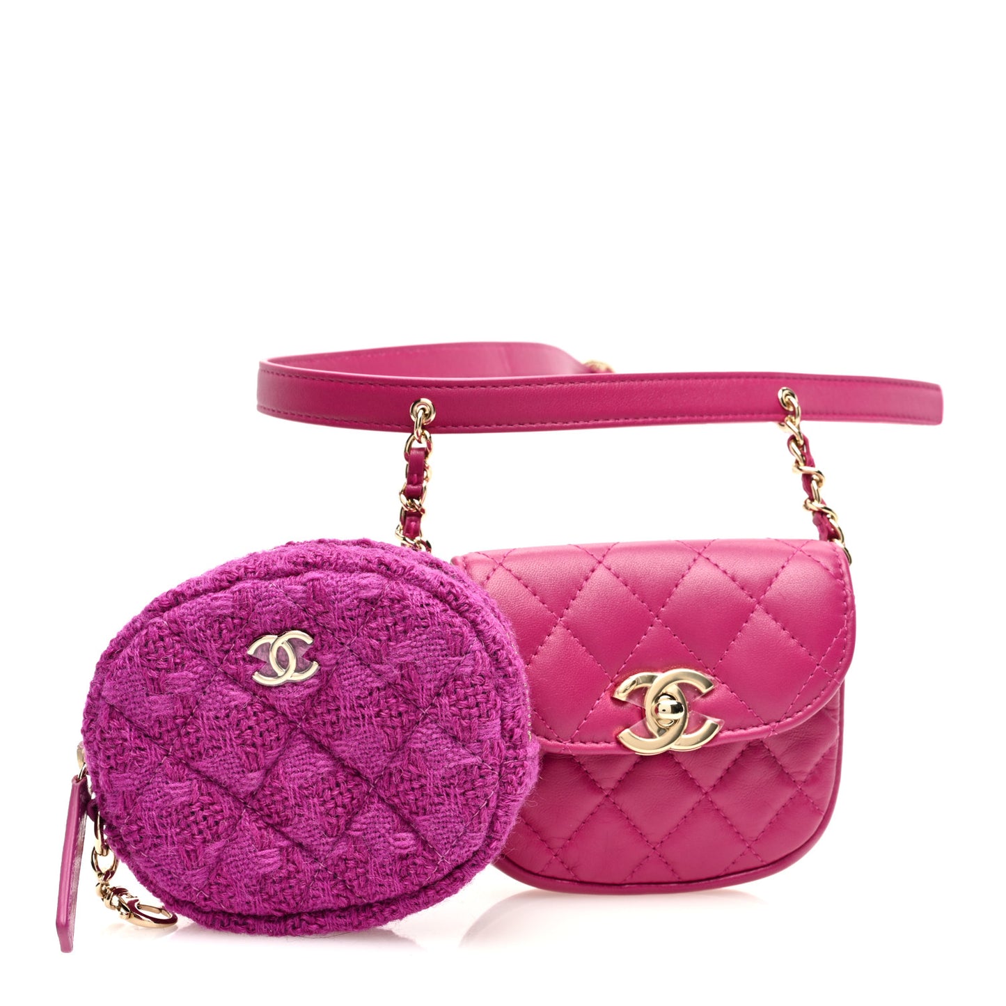 Tweed Lambskin Quilted Waist Bag With Coin Purse Fuchsia