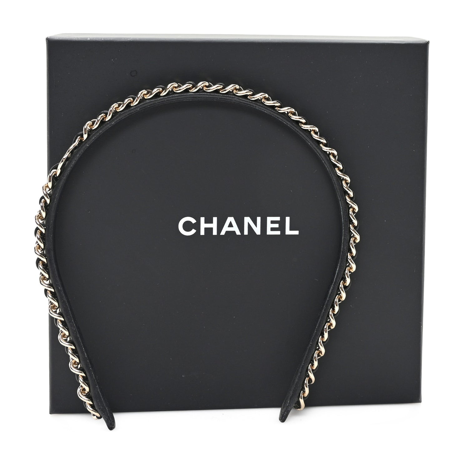 Metal Lambskin CC Chain Headband Gold Black