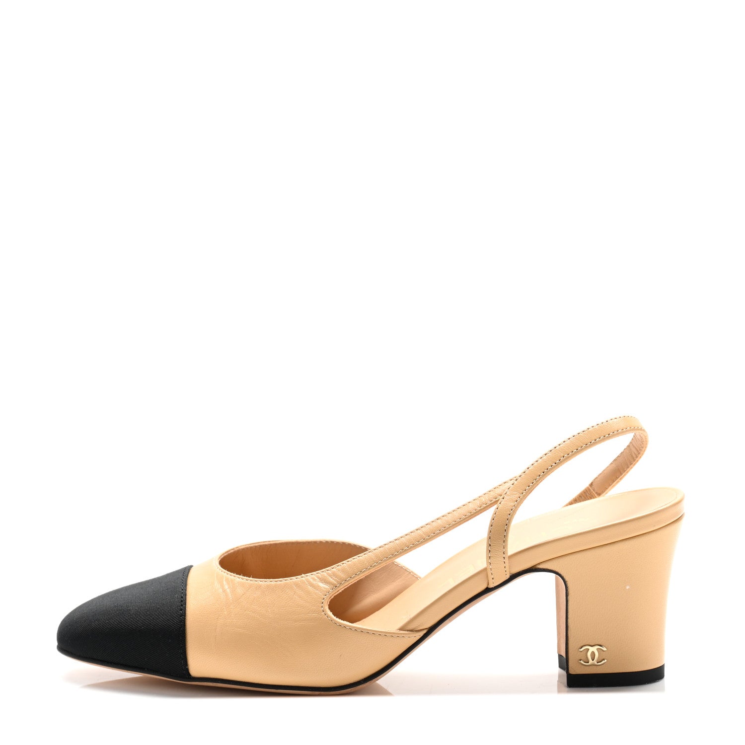Chanel Goatskin Grosgrain Cap Toe CC Slingback Pumps 37 Beige