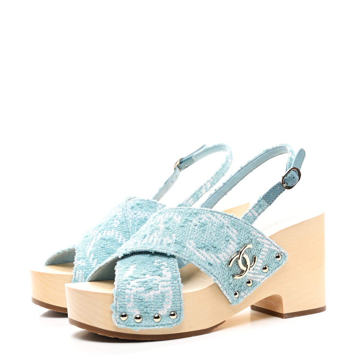 Chanel Jacquard Studded Slingback Clog Sandals 39 Turquoise White 3 of 9