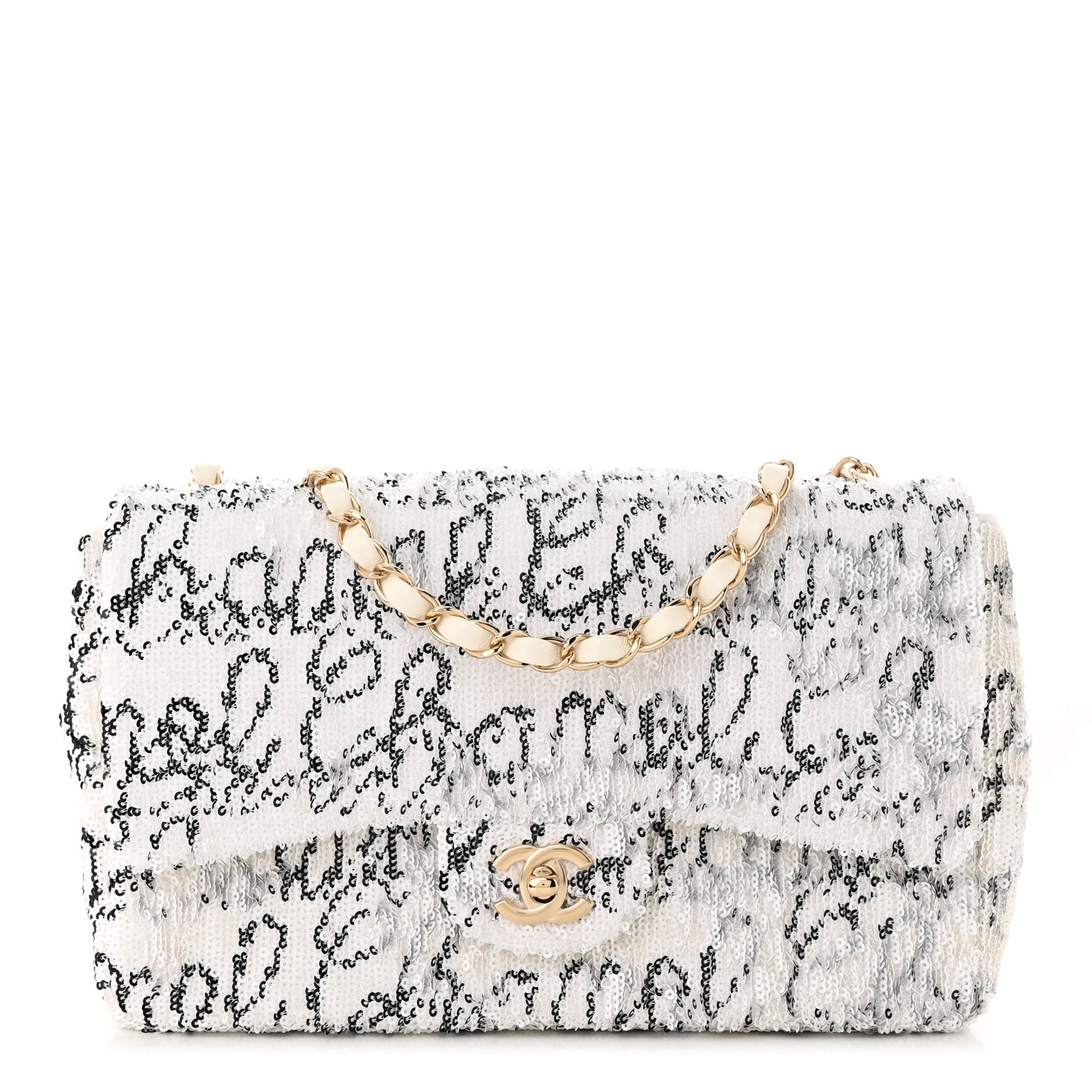 Sequin Logo Medium Flap White Black