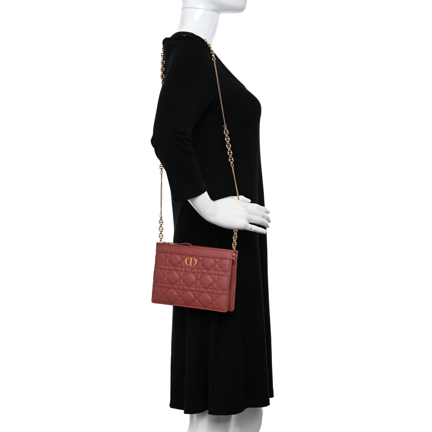 Calfskin Cannage Caro Zipped Pouch With Chain Rust