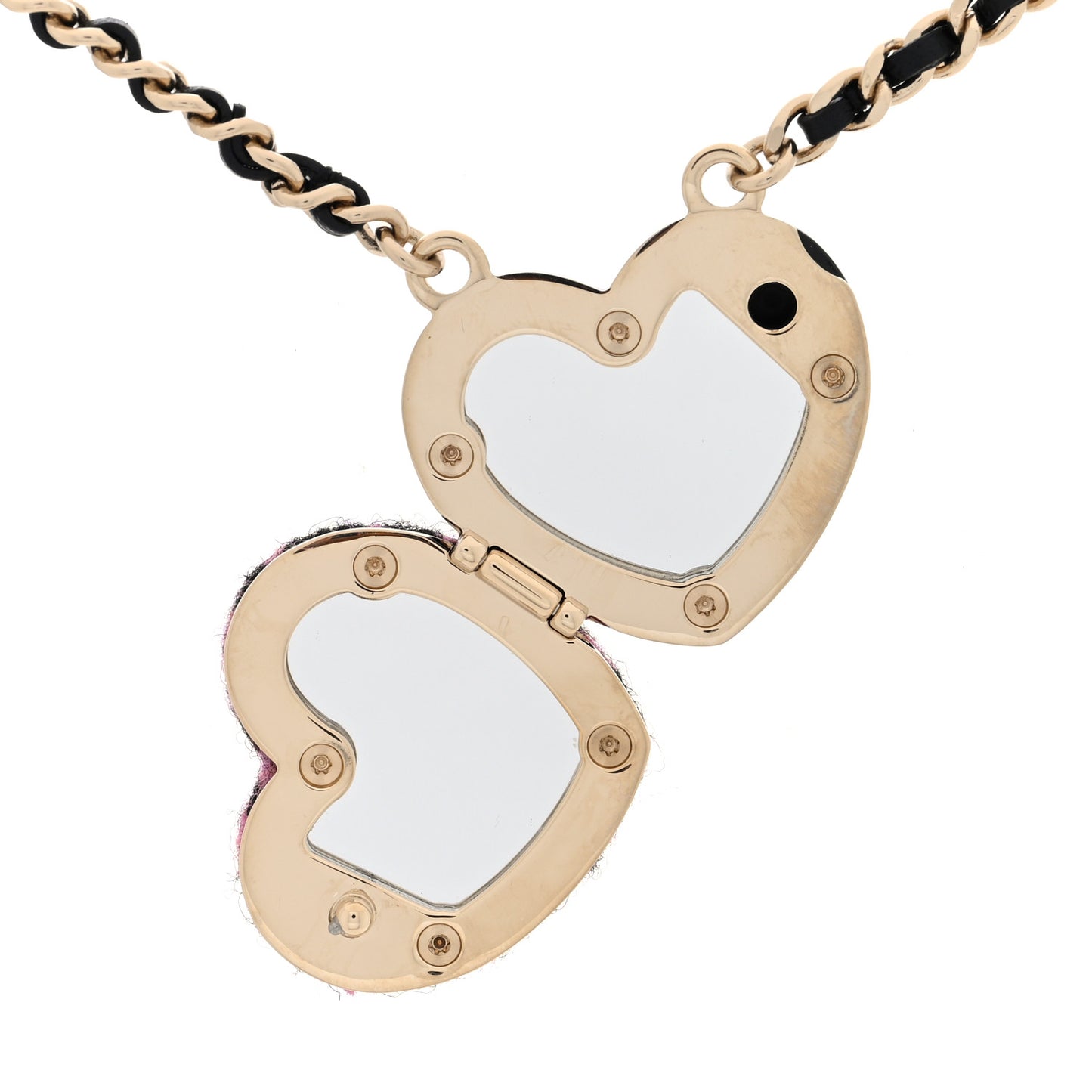Tweed Lambskin CC Heart Locket Necklace Gold Black Pink