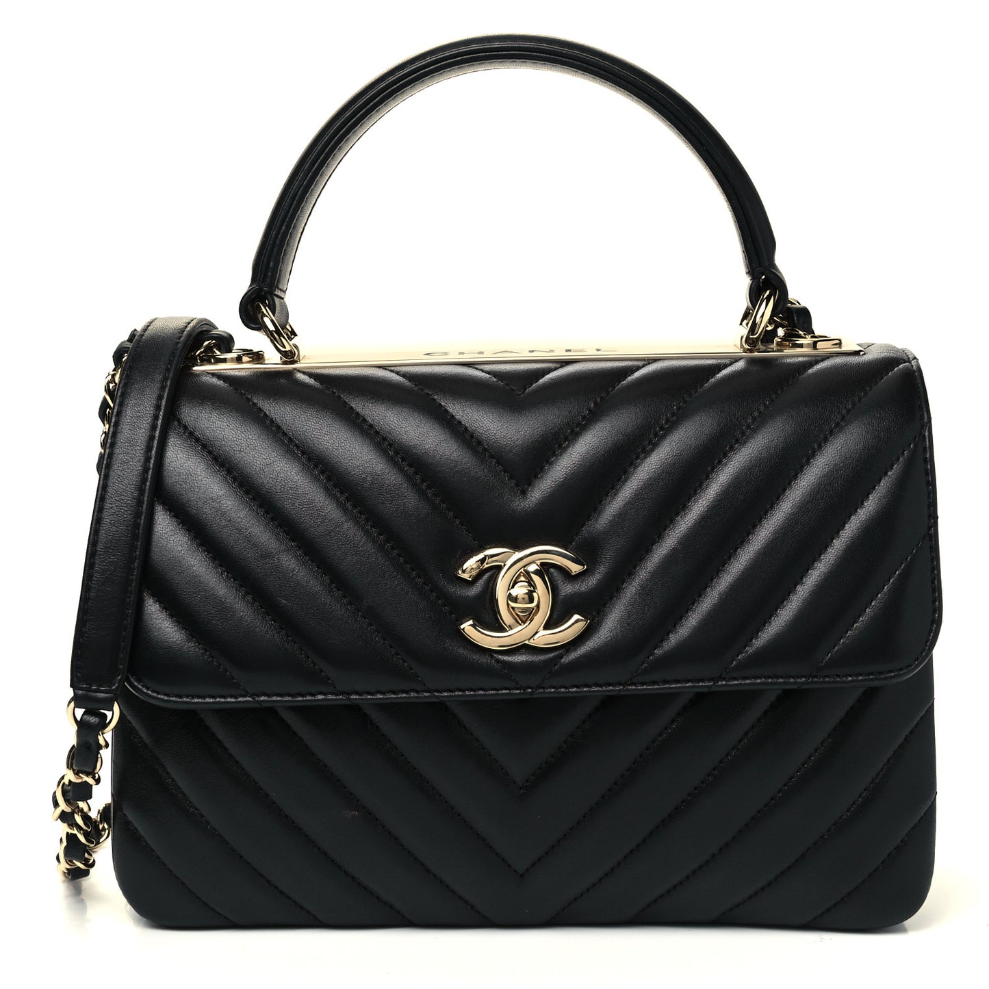 Lambskin Chevron Quilted Small Trendy CC Dual Handle Flap Bag Black