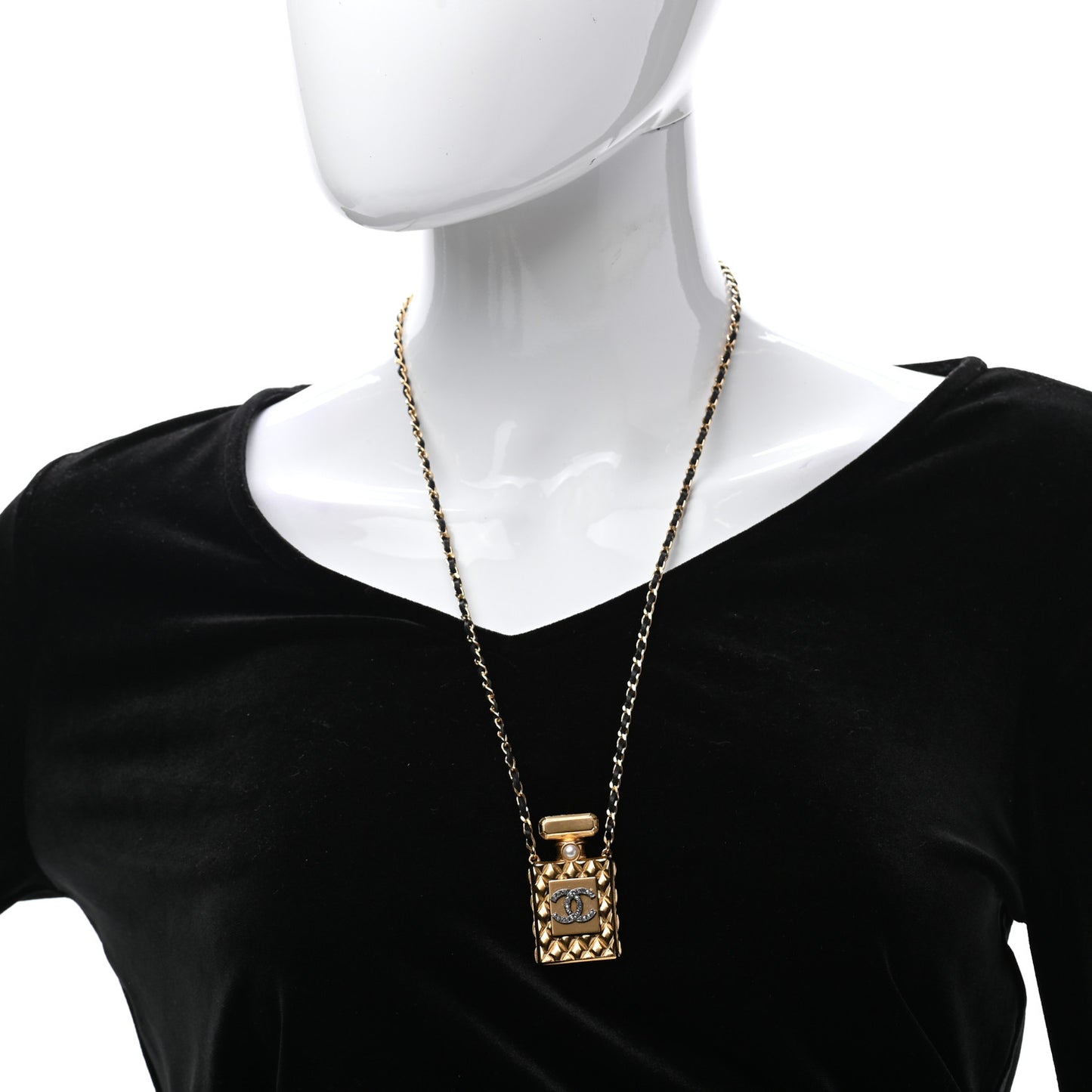 Crystal Pearl Perfume Bottle CC Necklace Black Gold