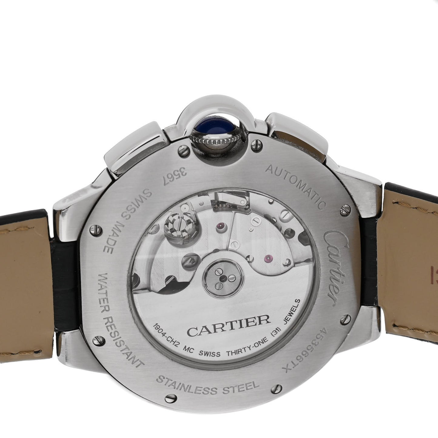 Stainless Steel Alligator 44mm Ballon Bleu De Cartier Chronograph Automatic Watch Black
