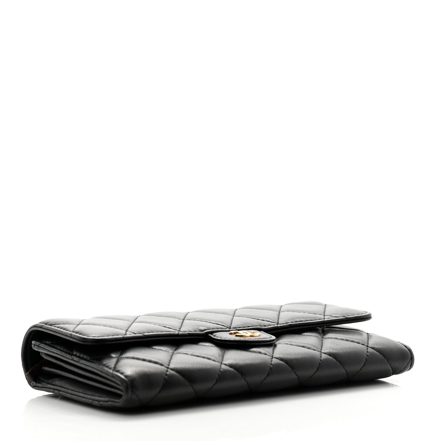 Lambskin Quilted Large Gusset Flap Wallet Black