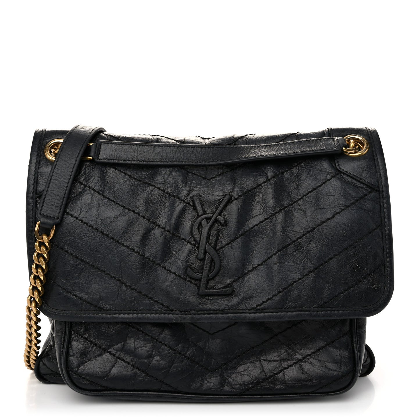 Crinkled Calfskin Matelasse Monogram Medium Niki Chain Satchel Black