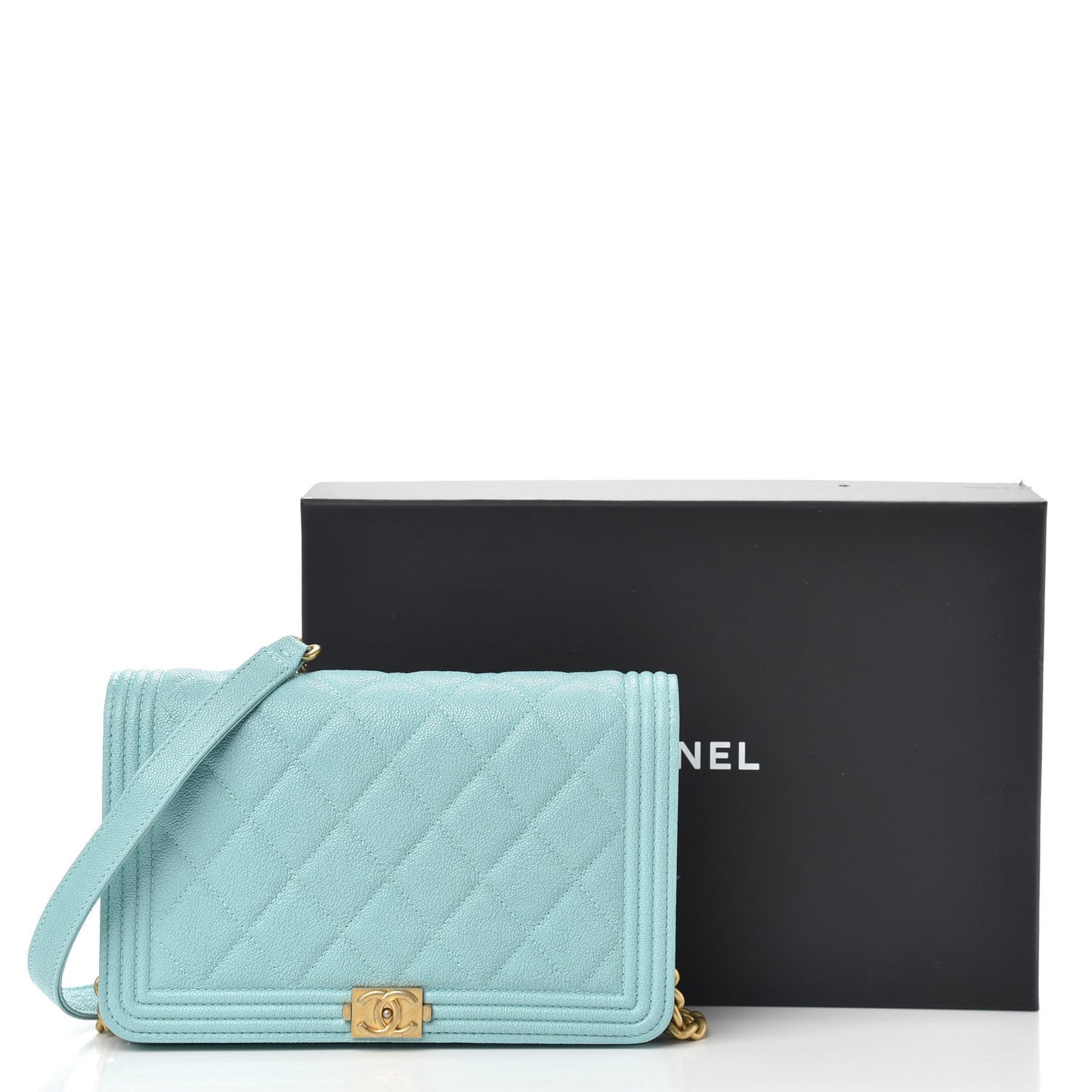 Caviar Quilted Boy Wallet On Chain WOC Light Blue