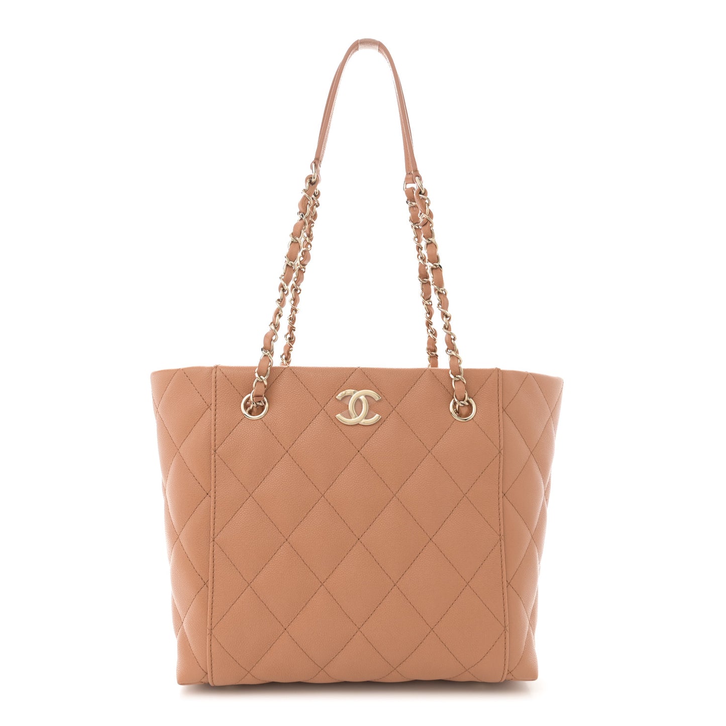 Caviar Quilted Small Shopping Tote Dark Beige