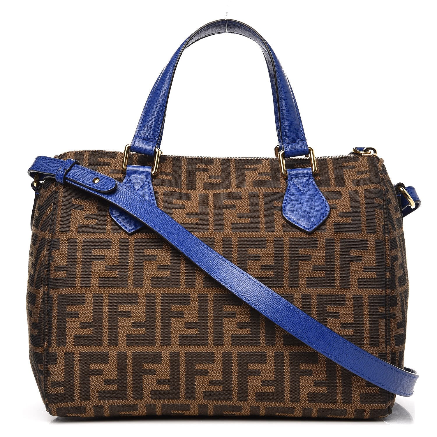 Fendi Zucca Vitello Elite Small Boston Tobacco Blue Neon 257923