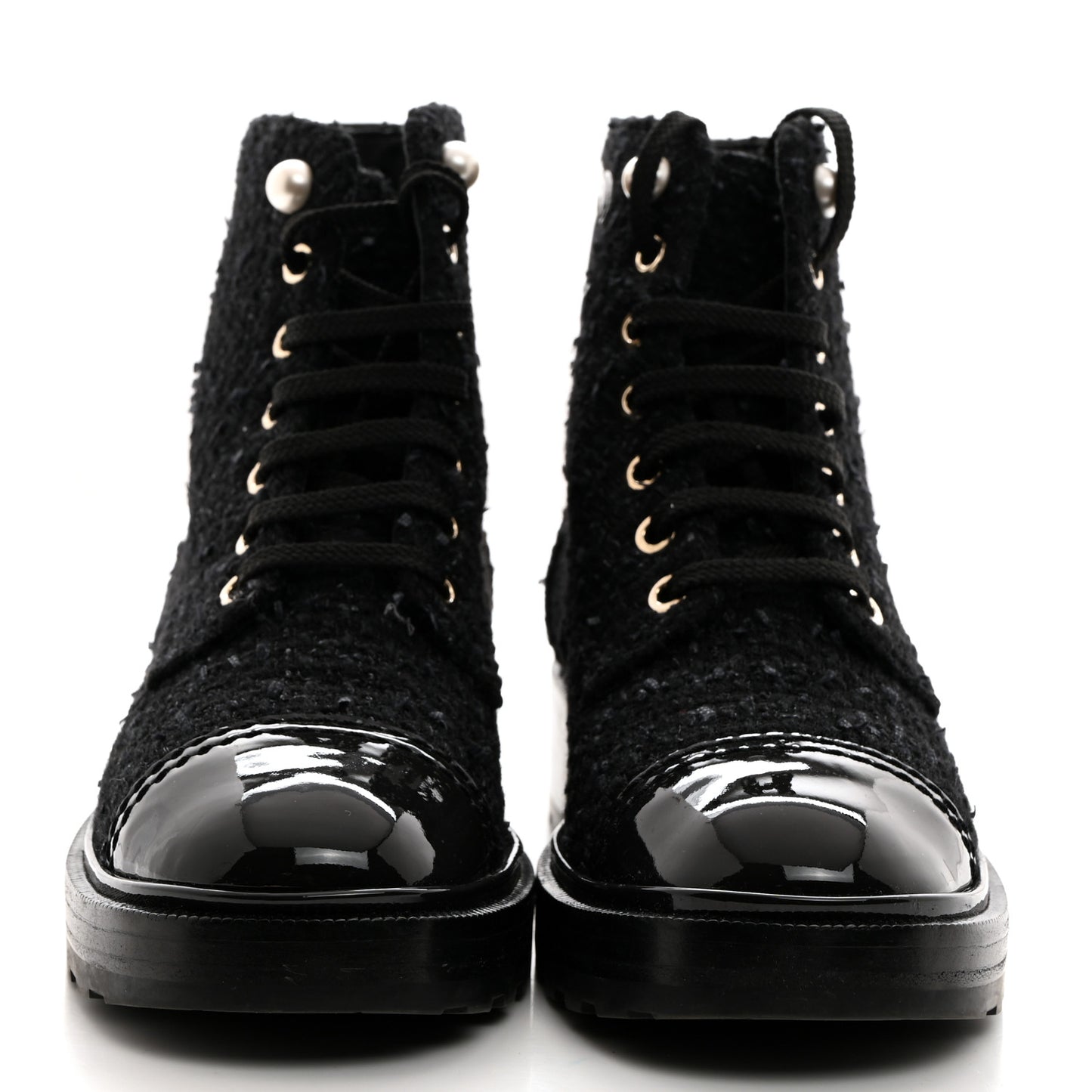 Tweed Patent Calfskin Pearl Combat Short Boots 36.5 Black Grey Blue