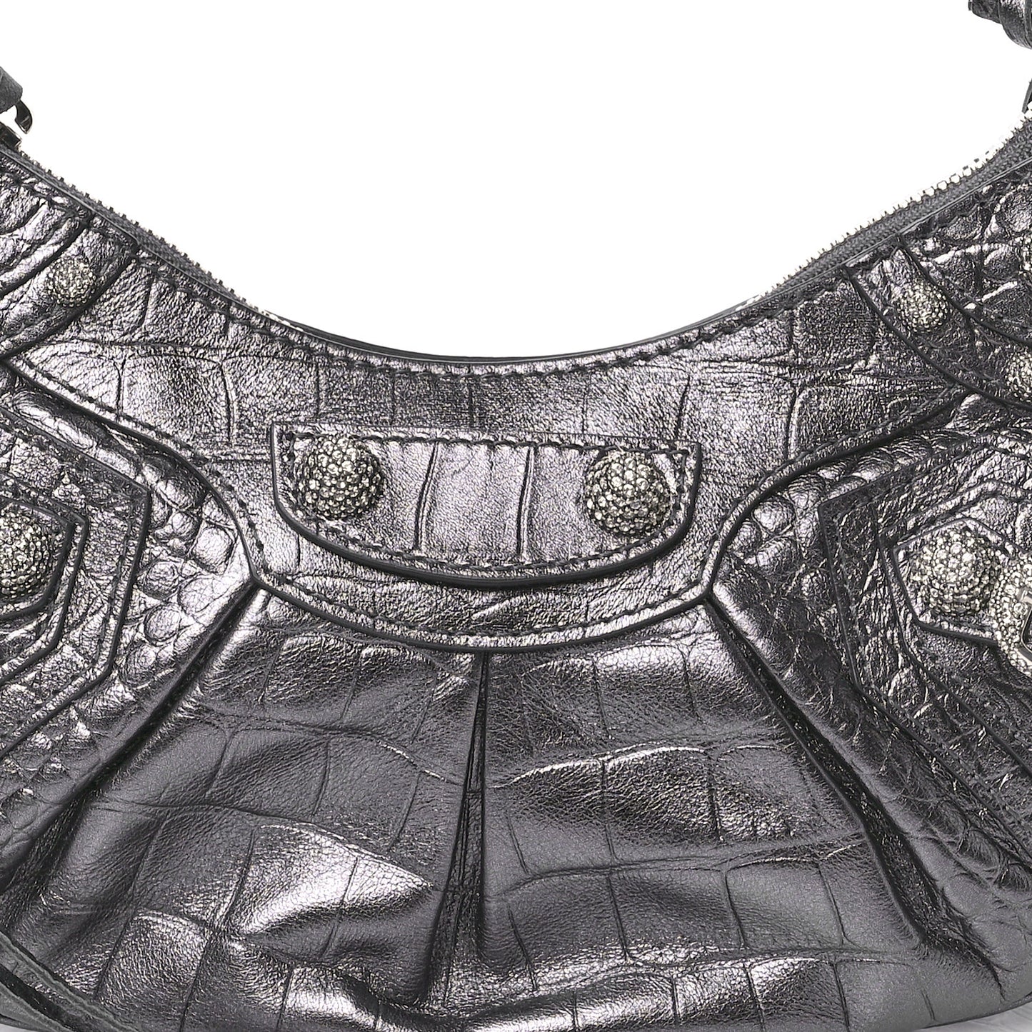 Extra Supple Calfskin Crystal Crocodile Embossed Le Cagole Shoulder Bag XS Gunmetal