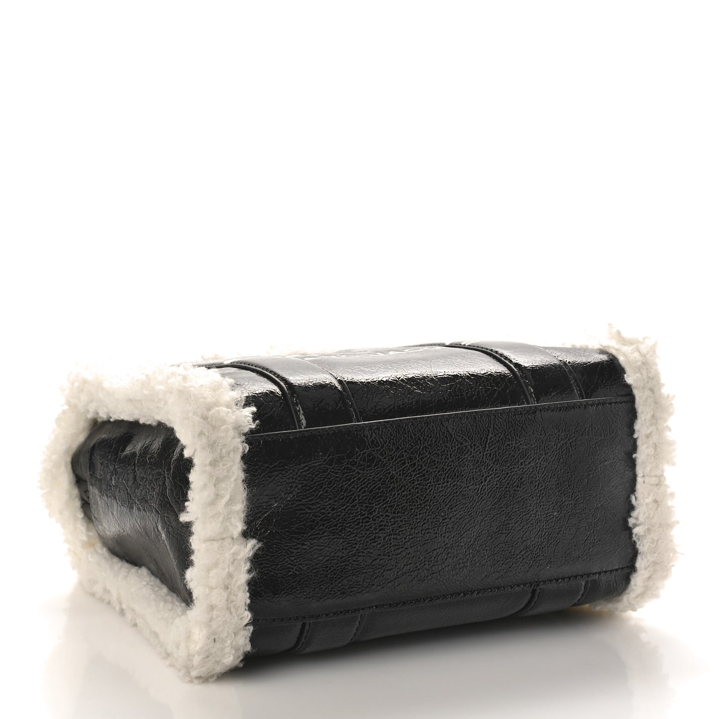 Shiny Calfskin Faux Shearling Mini The Traveler Tote Bag Black