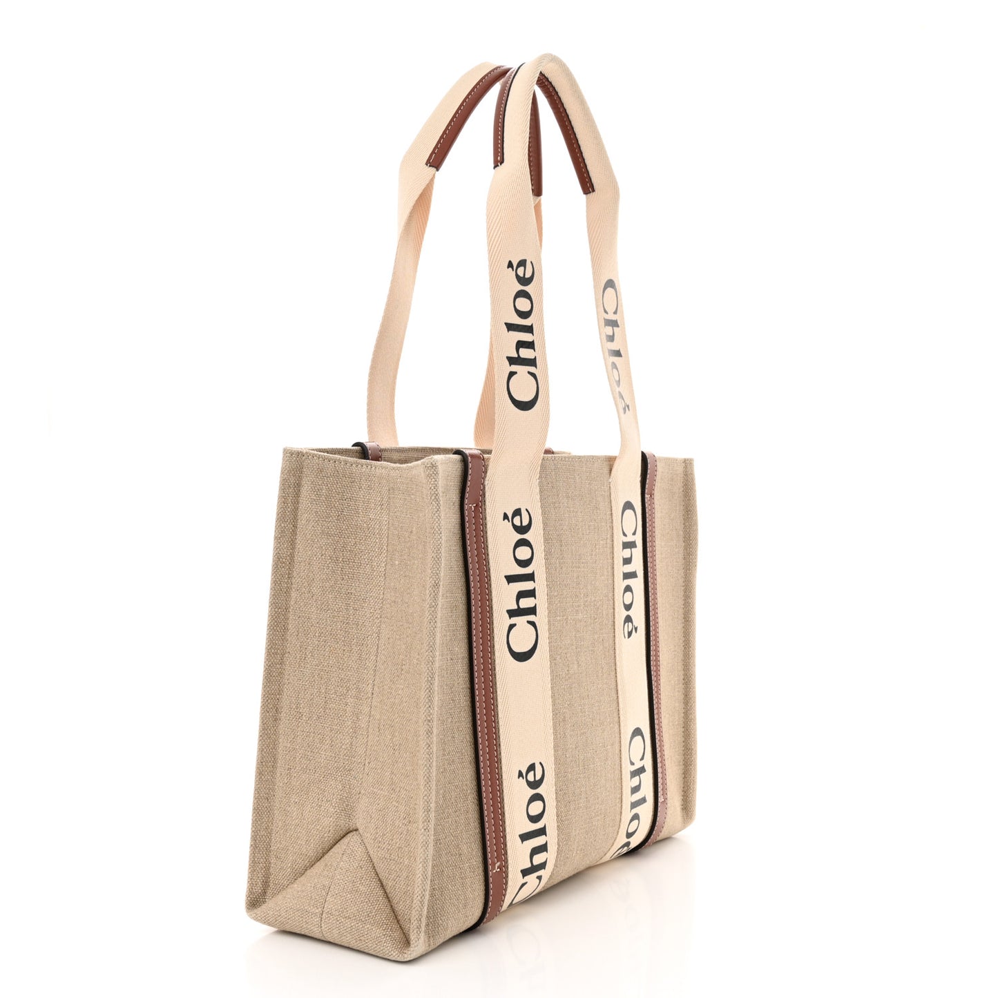 Linen Calfskin Medium Woody Ribbon Tote White Brown