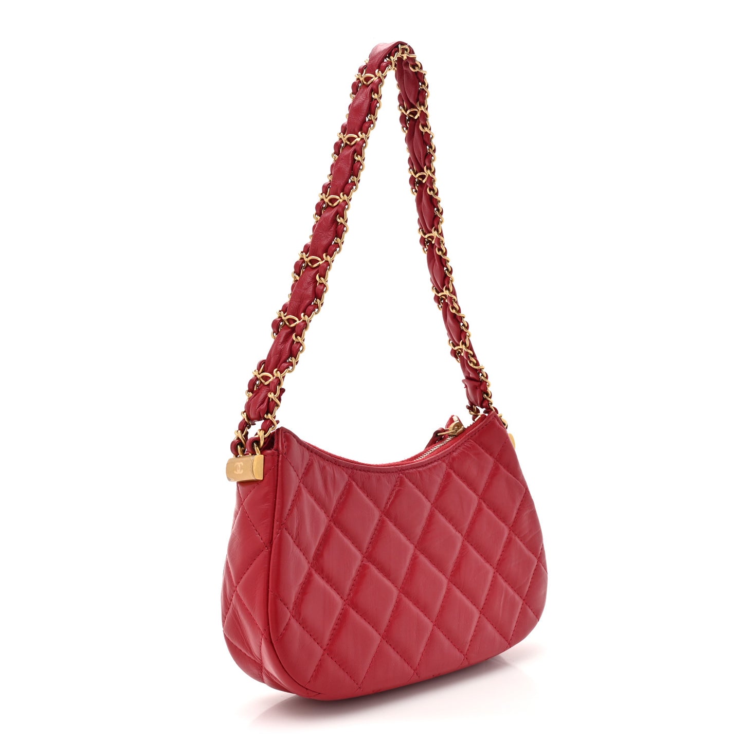 Crumpled Calfskin Quilted Braided CC Small Hobo Red