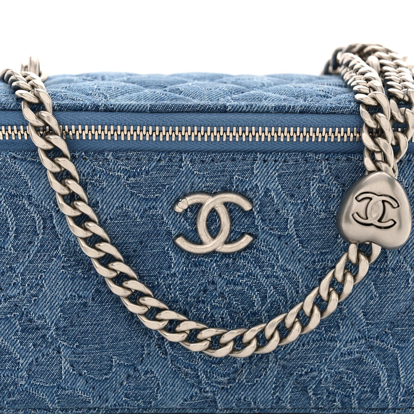 Denim Quilted Sweetheart Small Vanity Case With Chain Blue