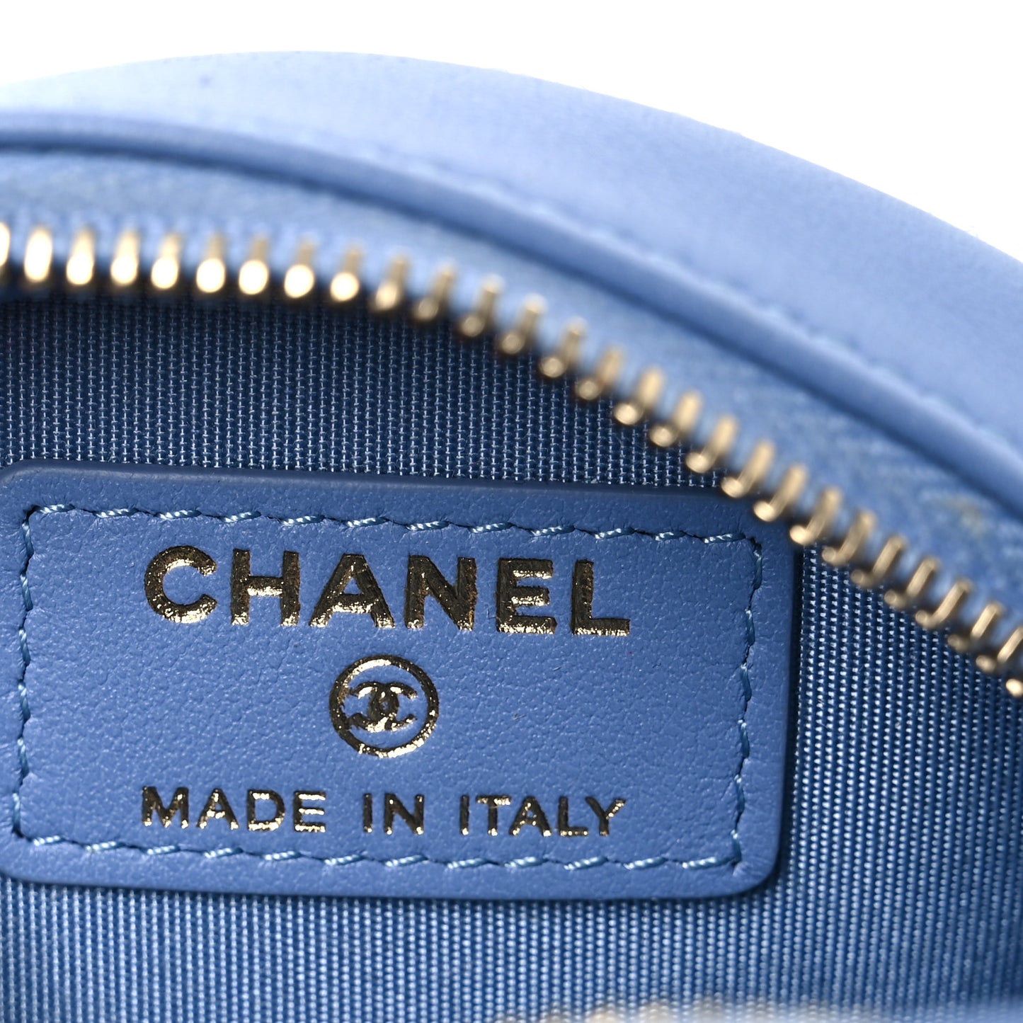 Sequin Chanel 19 Round Clutch With Chain Light Blue