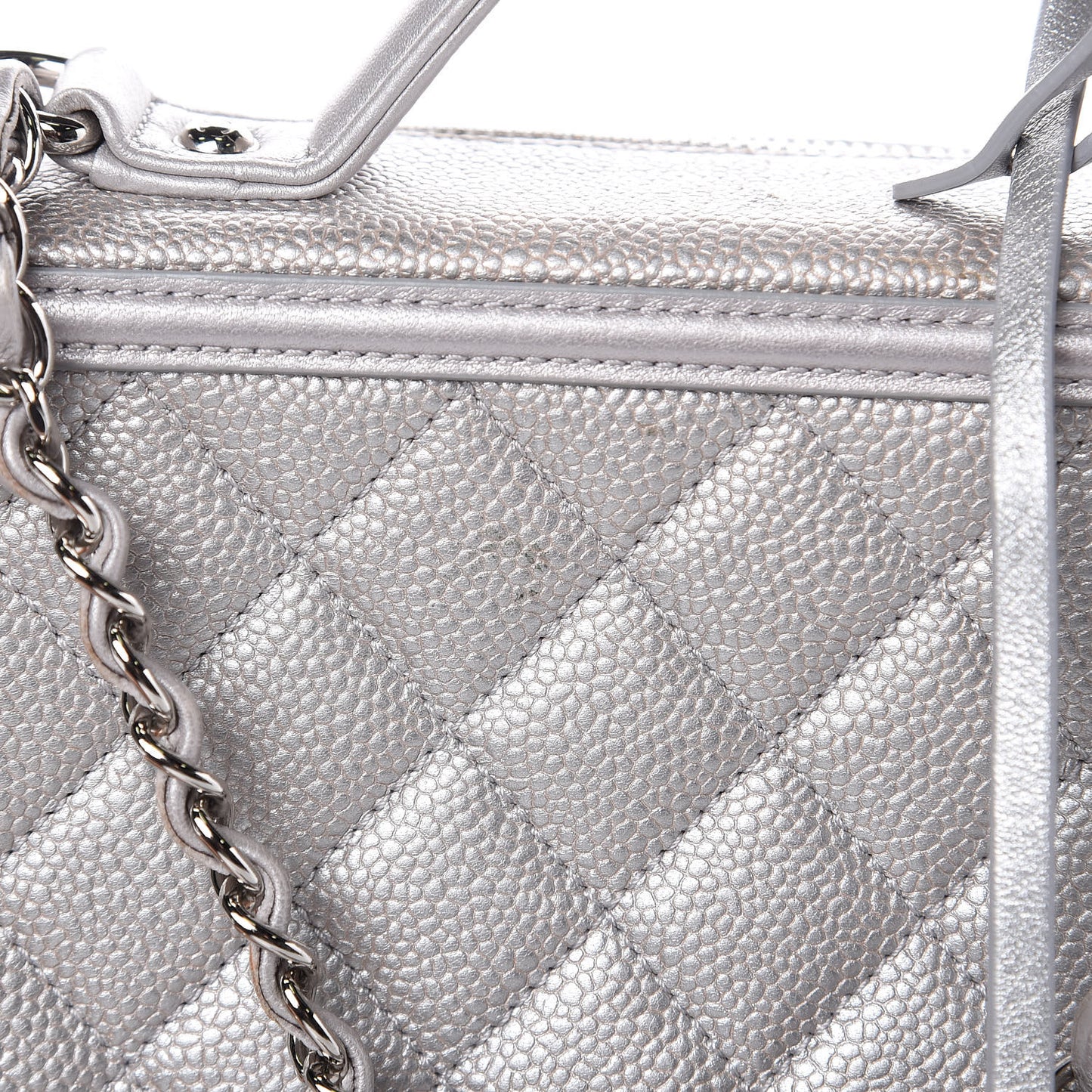 Metallic Caviar Quilted Medium CC Filigree Vanity Case Silver
