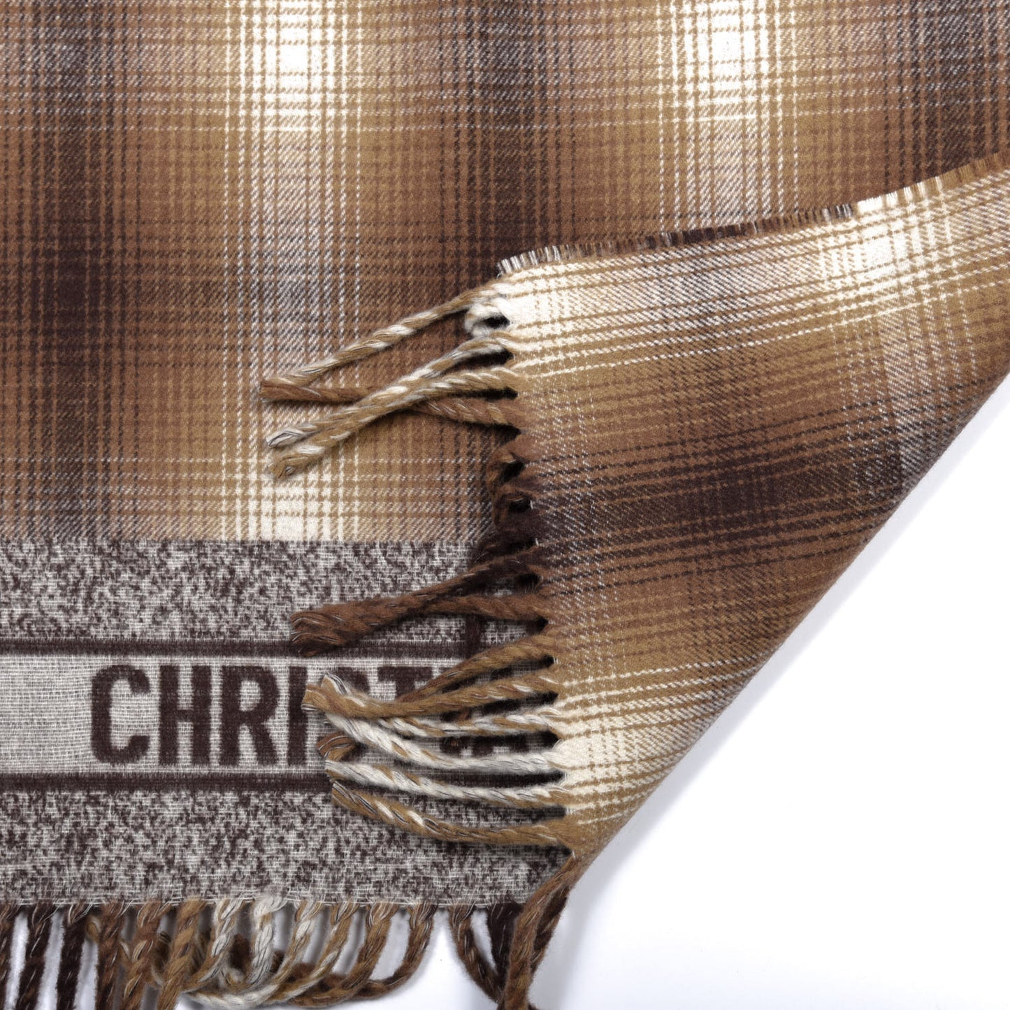 Wool Silk Blend Plaid Fringe Scarf Brown