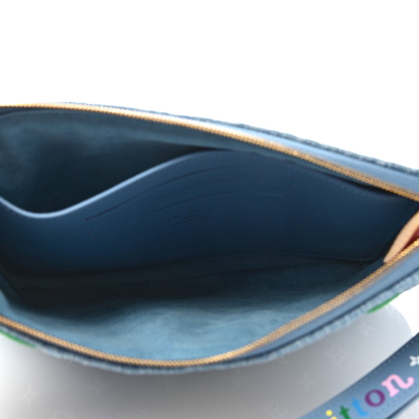Embroidered Monogram Denim New Wave Zipped Pochette Blue