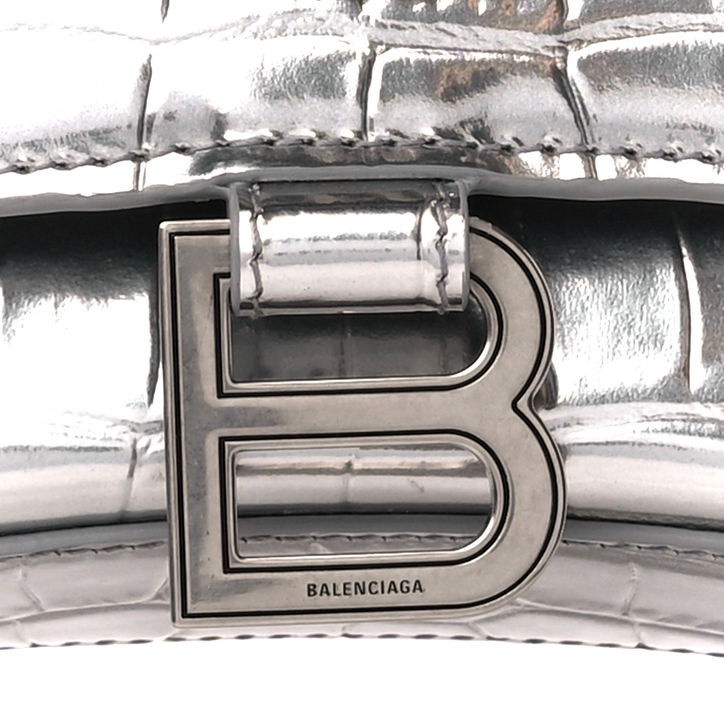 Metallic Calfskin Crocodile Embossed Hourglass Chain Bag Silver