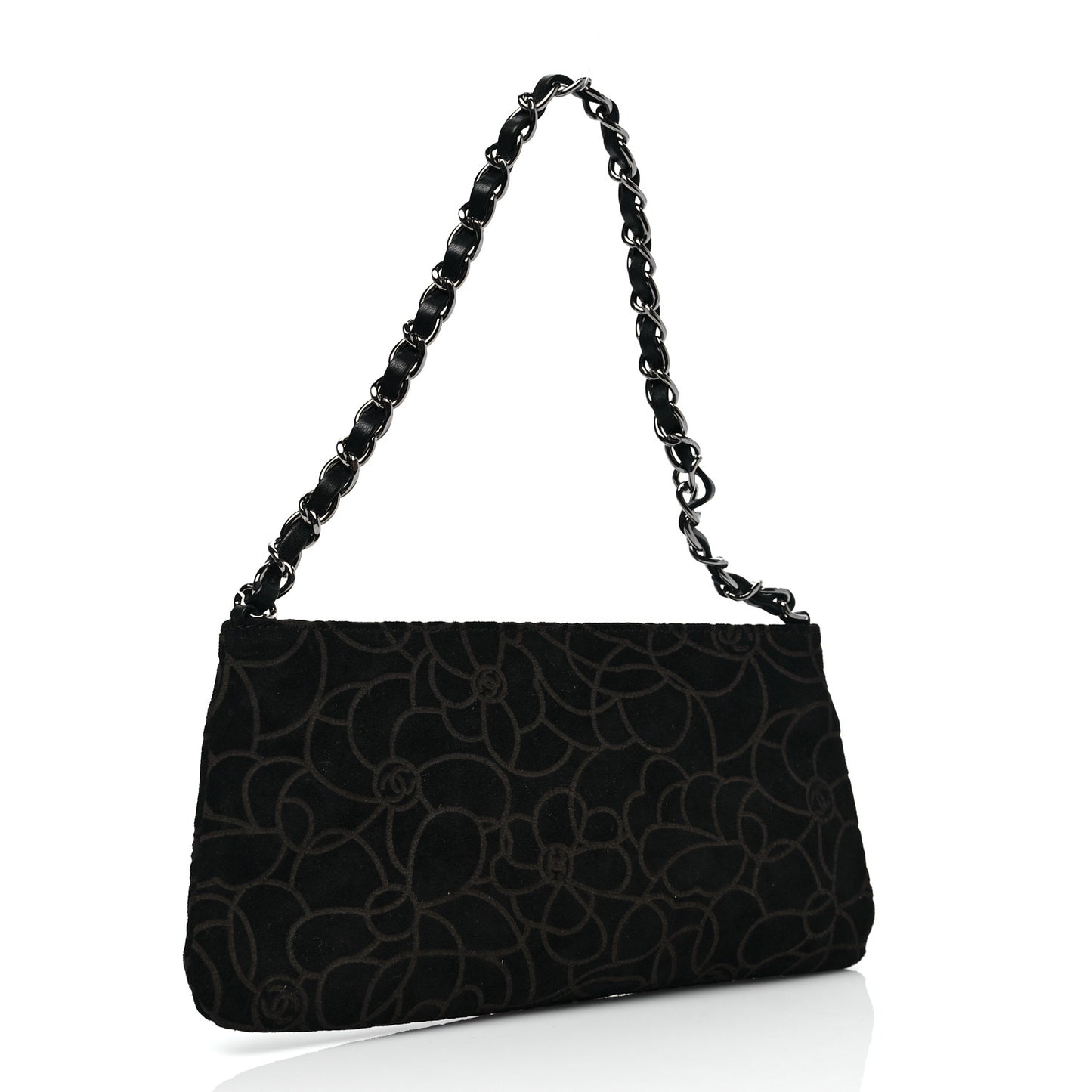 Suede Camellia Embossed Clutch Bag Black
