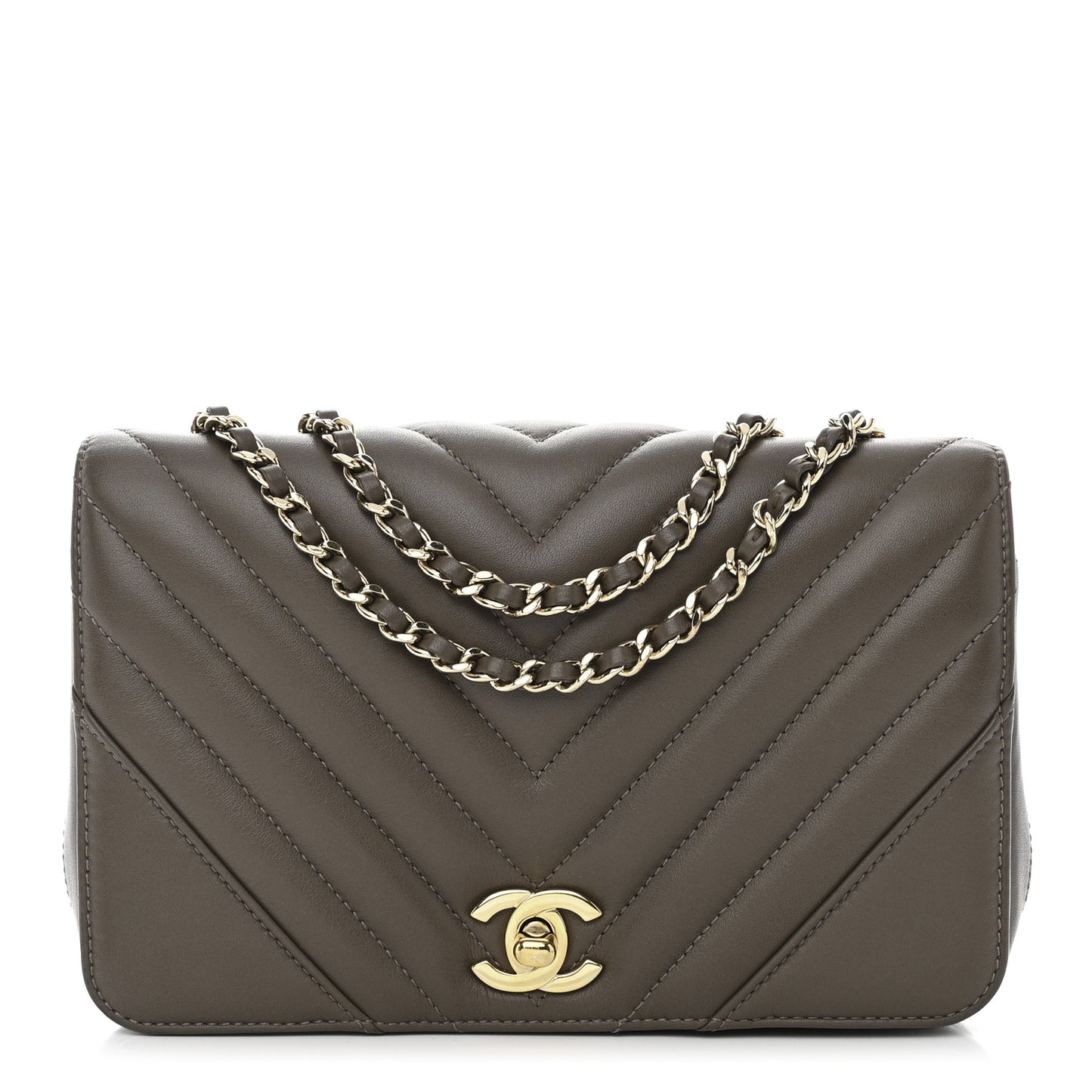 Calfskin Chevron Quilted Mini Statement Flap Brown