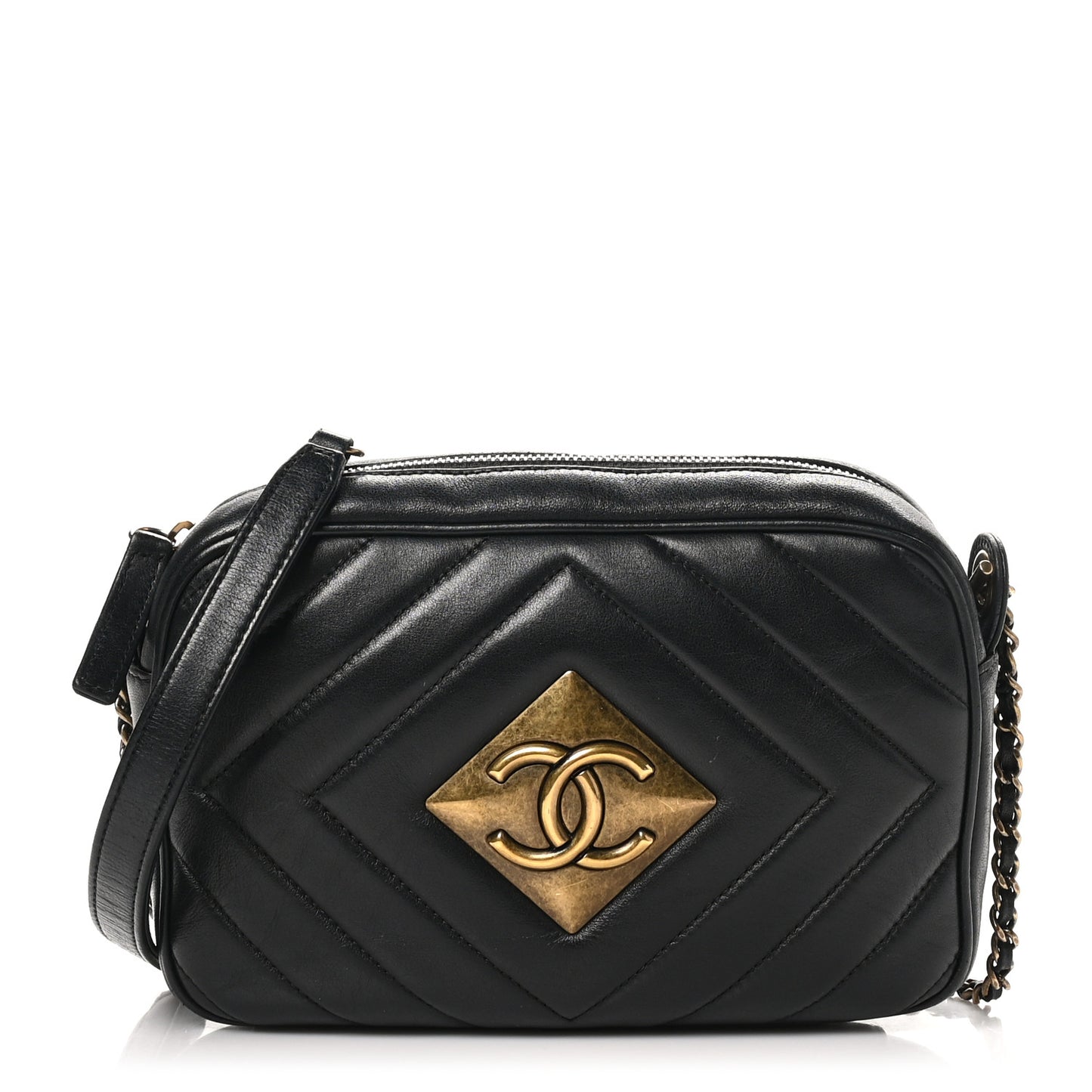 Lambskin Chevron Quilted Pyramid CC Camera Case Black
