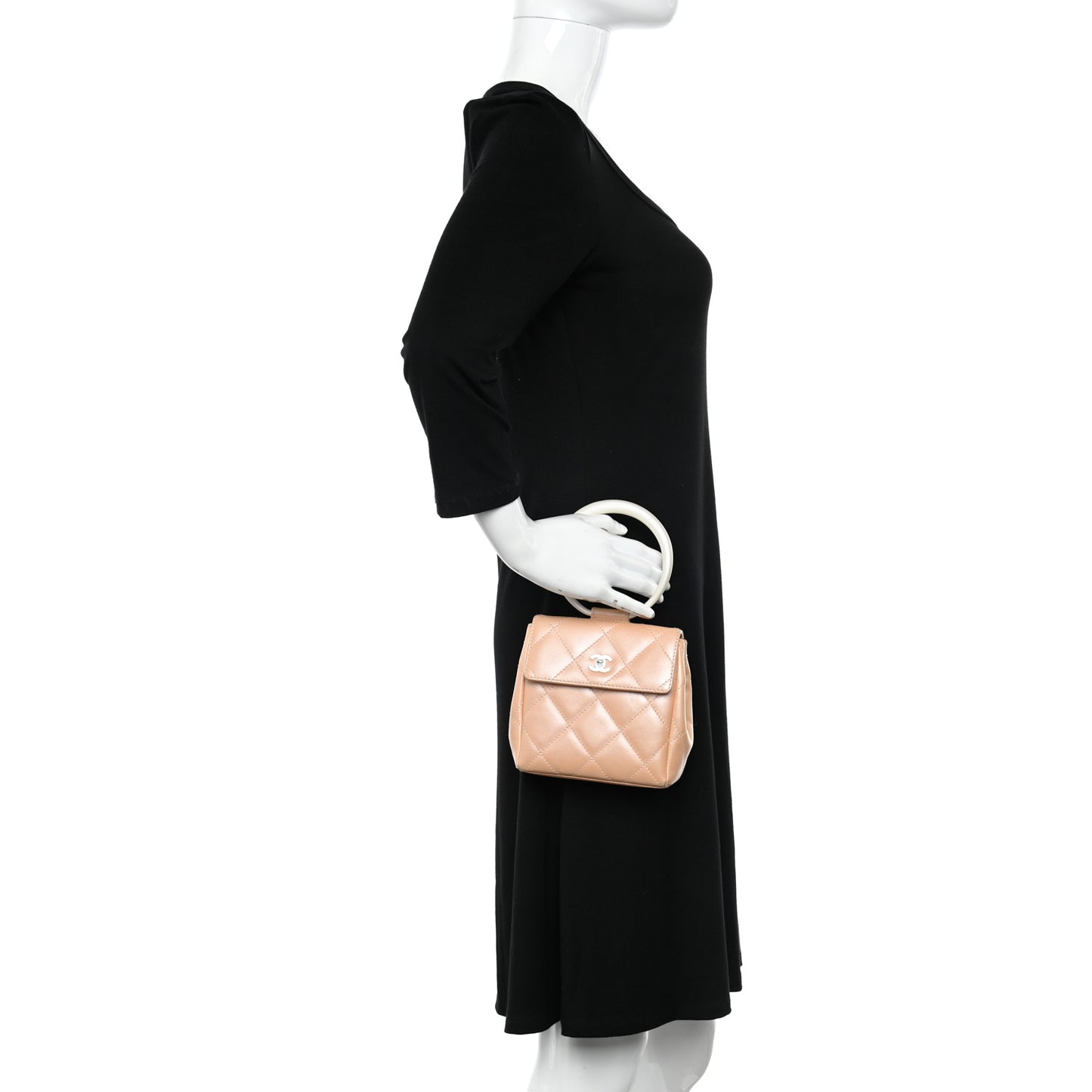 Iridescent Lambskin Quilted Round Handle Mini Flap Beige