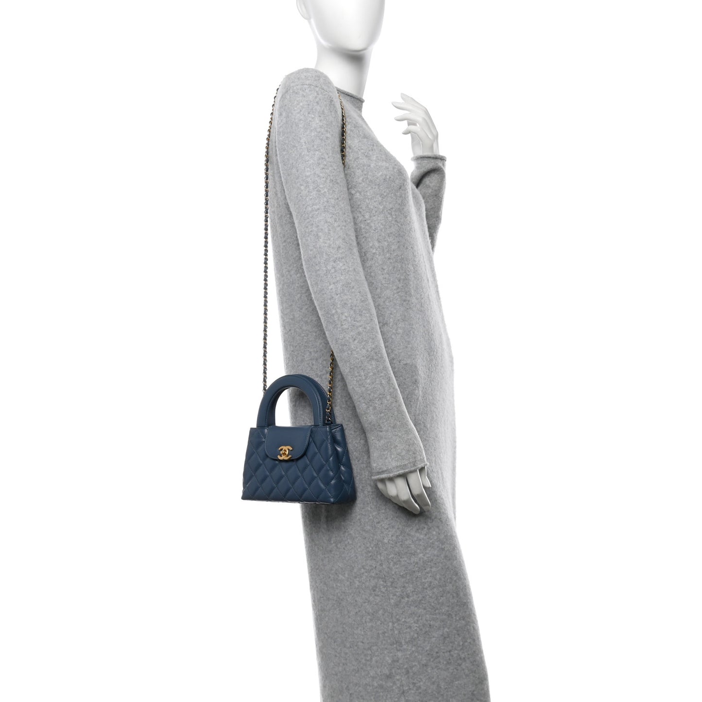 Shiny Aged Calfskin Quilted Nano Kelly Shopper Dark Blue