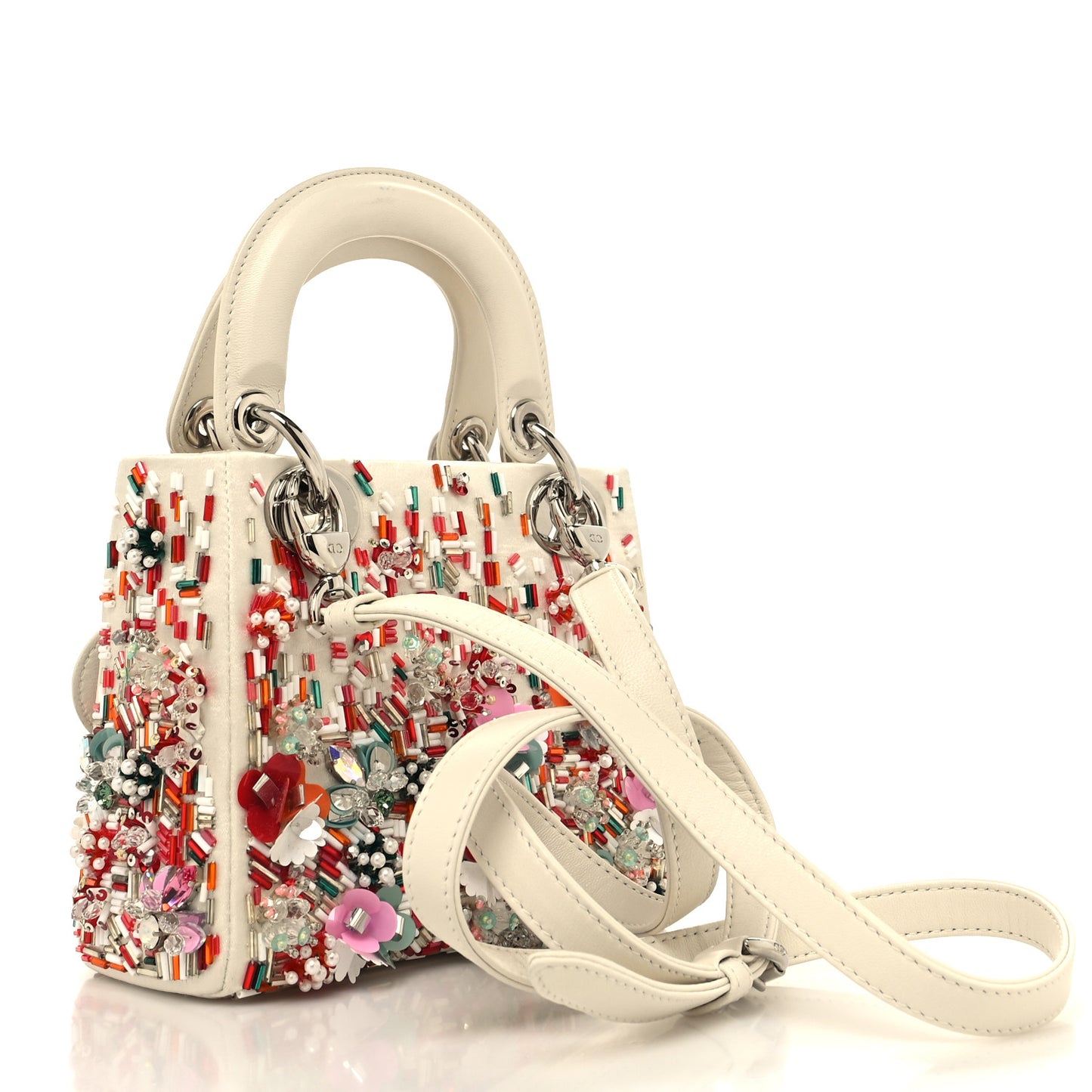 Satin Beaded Floral Embroidered Mini Lady Dior White Multicolor