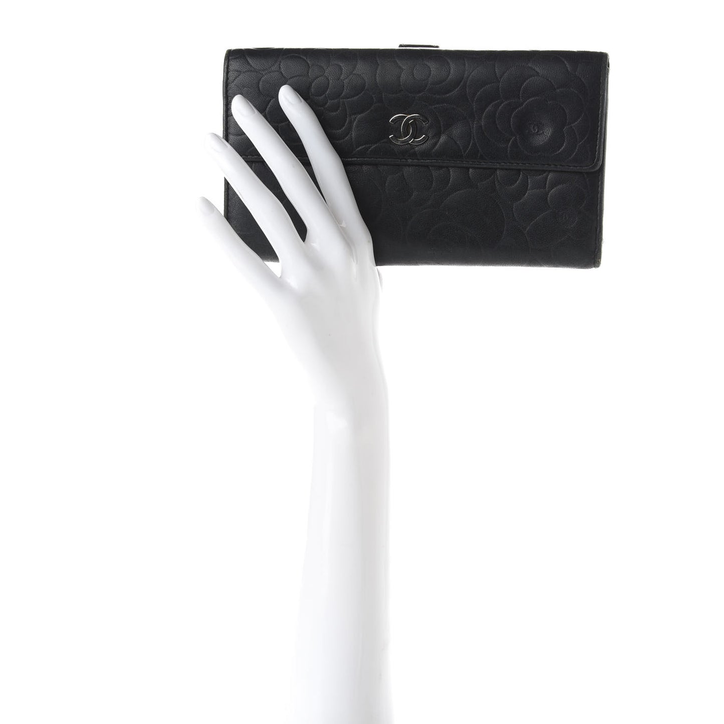 Lambskin Camellia Embossed Large Flap Wallet Black