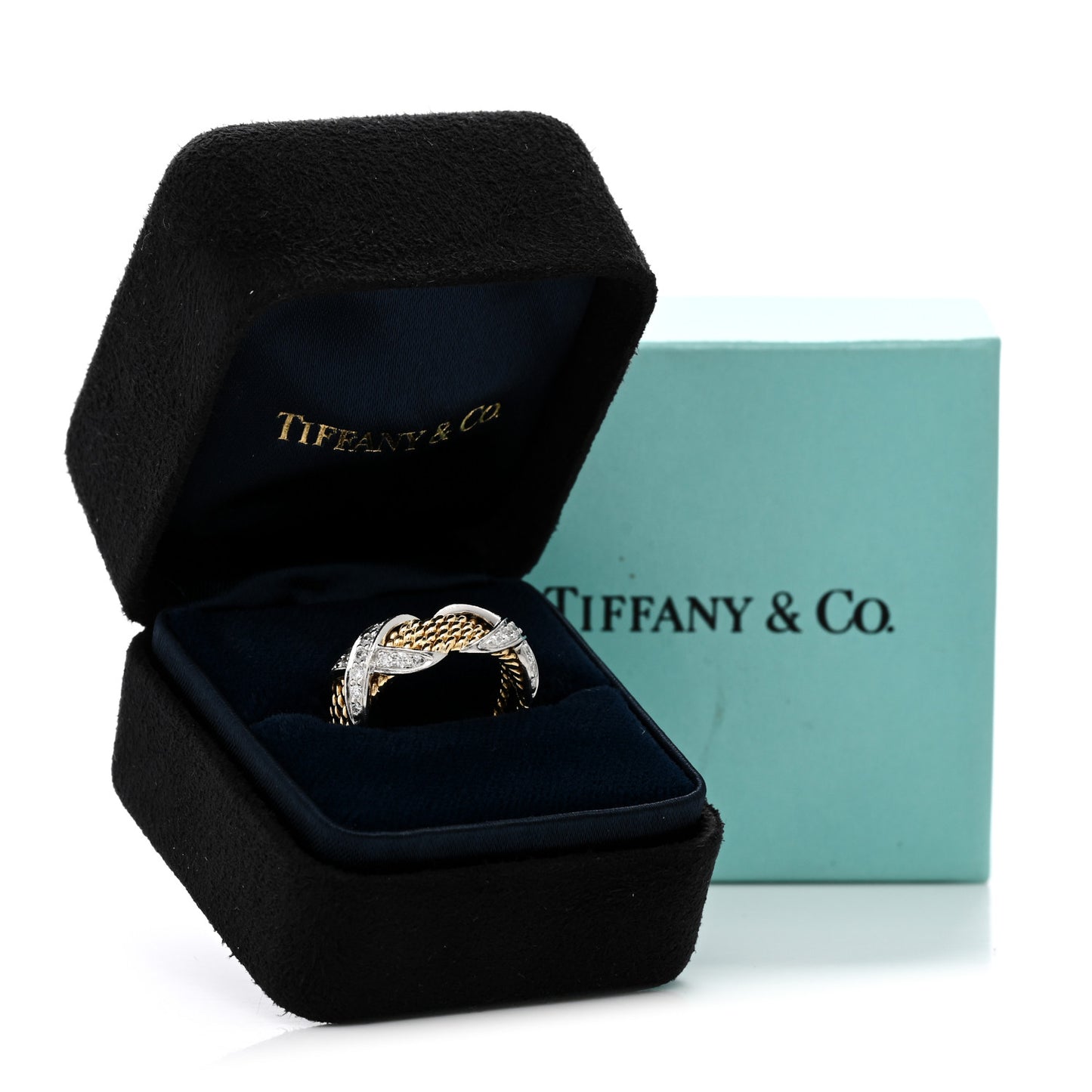 18K Yellow Gold Platinum Diamond Schlumberger Rope Four Row X Ring 50 5.25