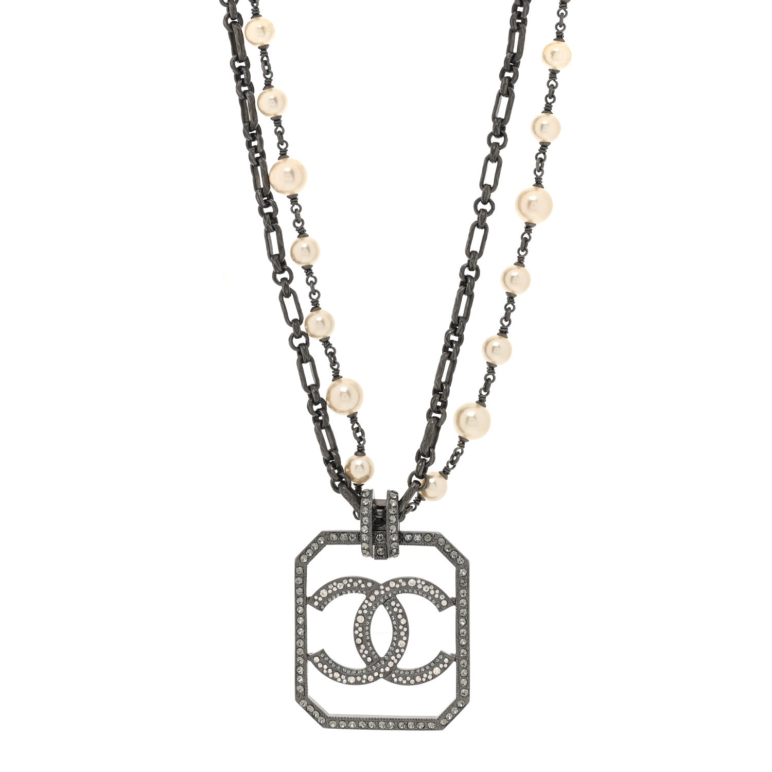 Chanel Pearl Crystal CC Double Strand Necklace Ruthenium 1 of 6