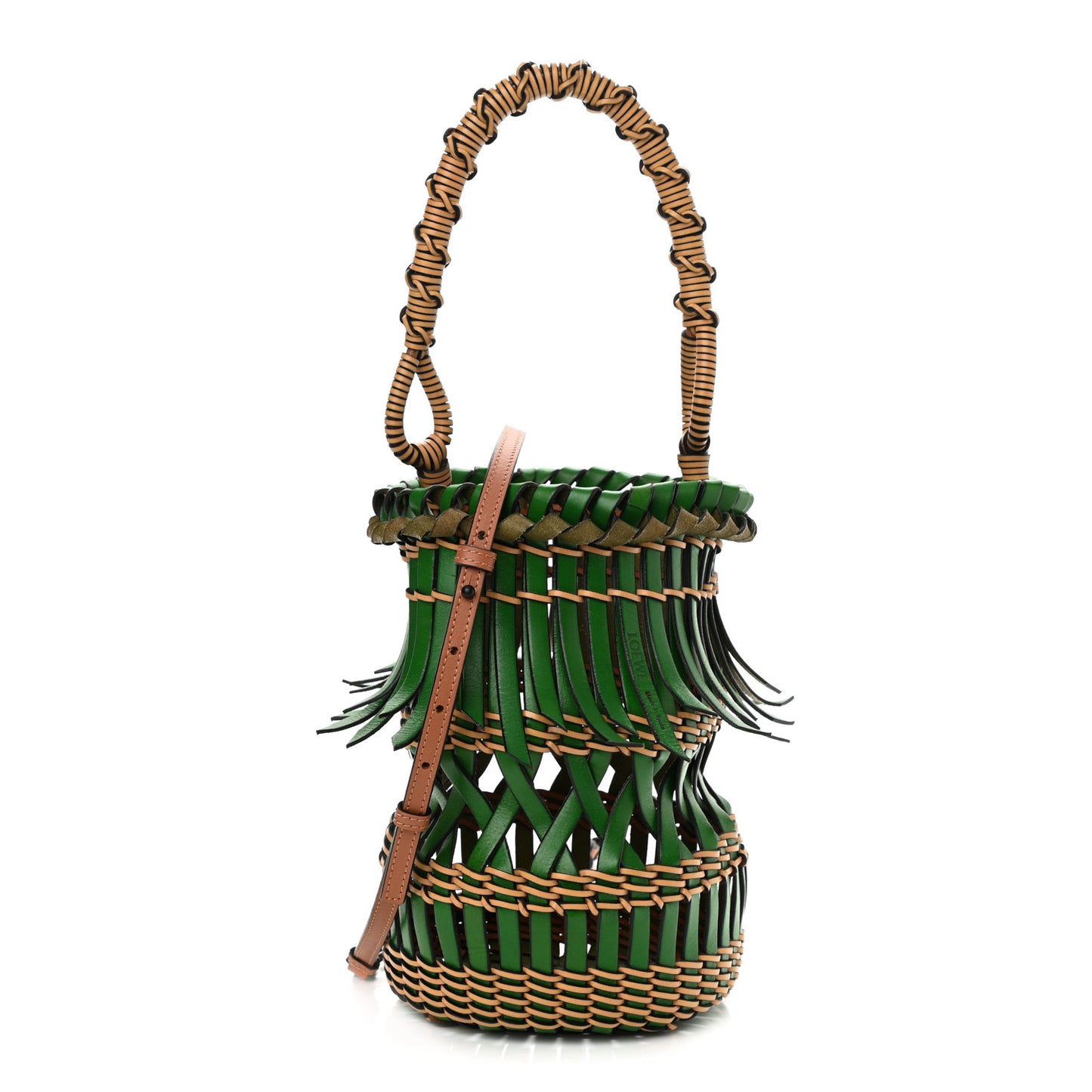 Calfskin Woven Fringes Bucket Bag Green Honey