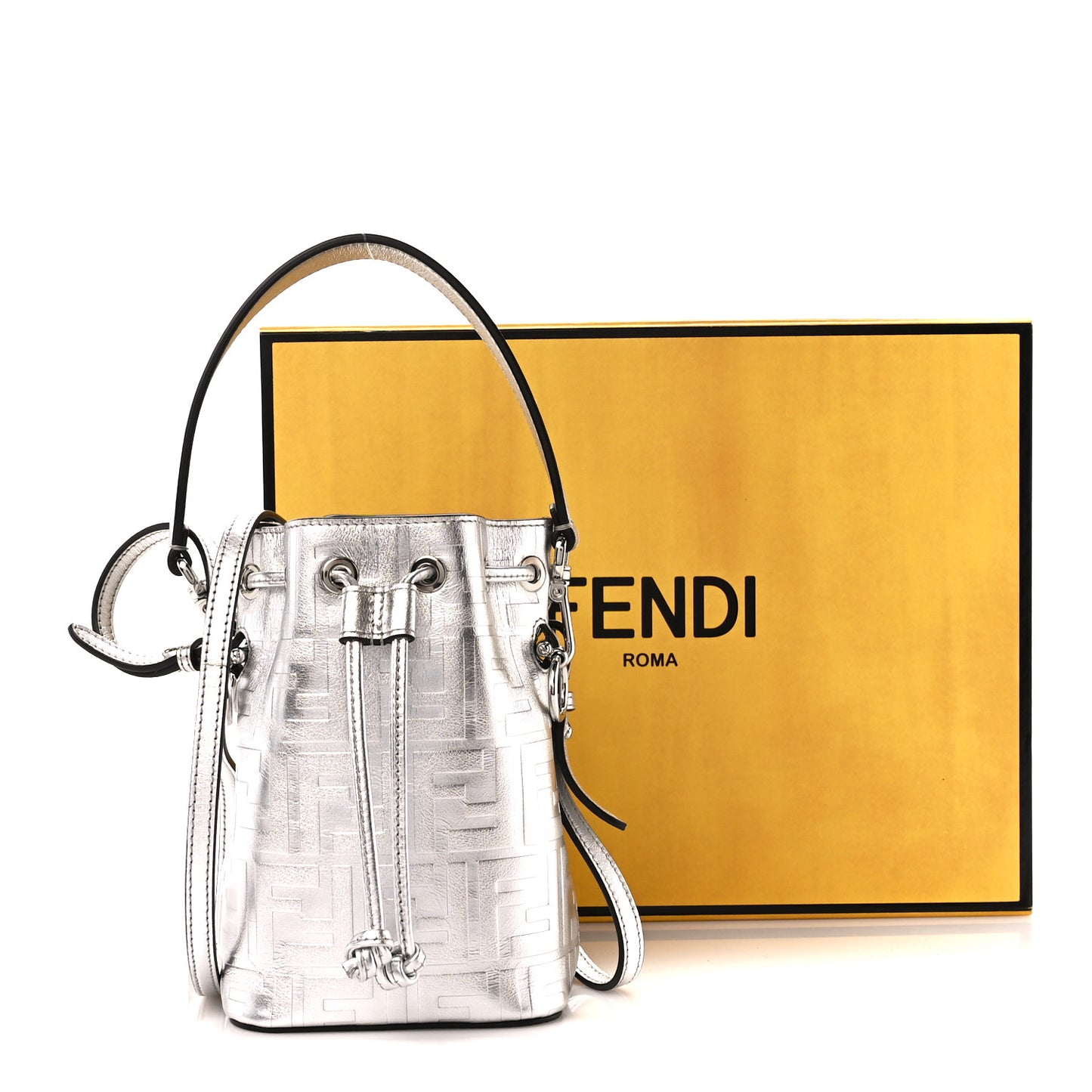 Metallic Vitello Liberty F is Fendi FF 1974 Embossed Mini Mon Tresor Bucket Bag Argento