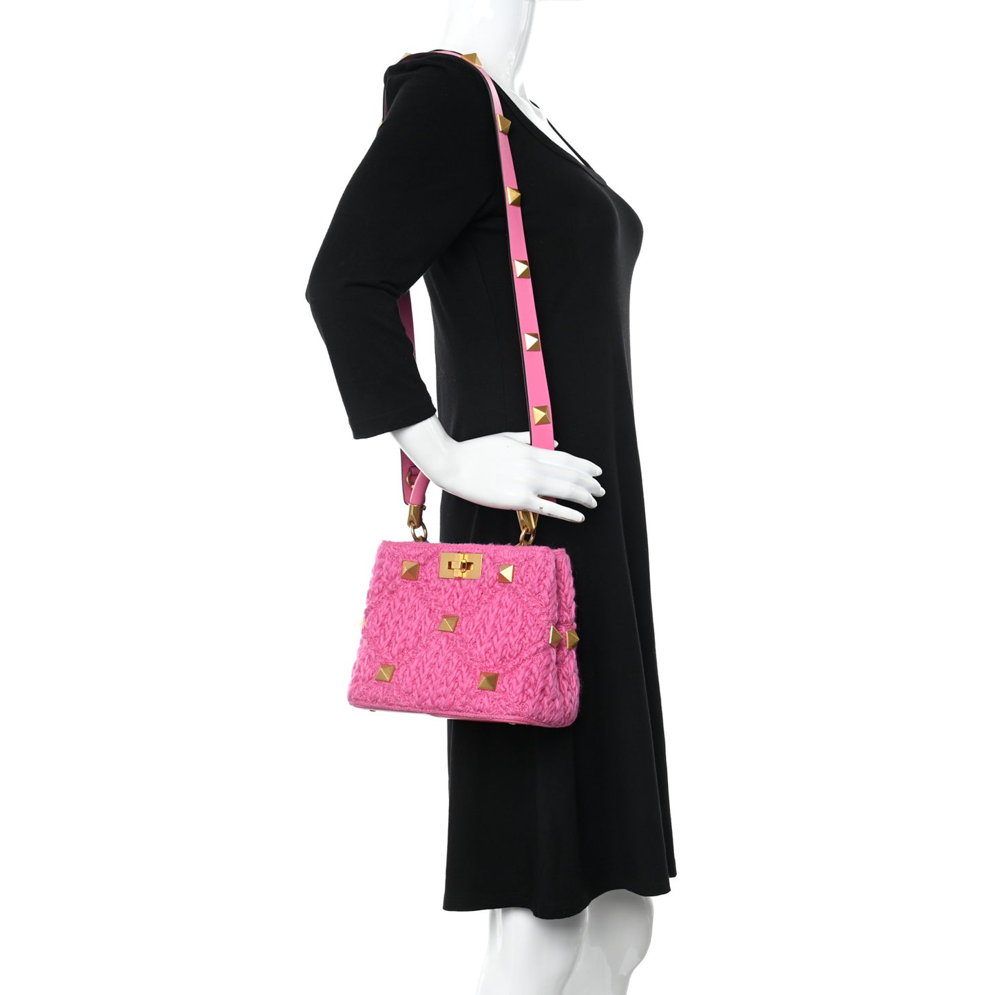 Wool Woven Small Roman Stud The Handle Bag Feminine Pink